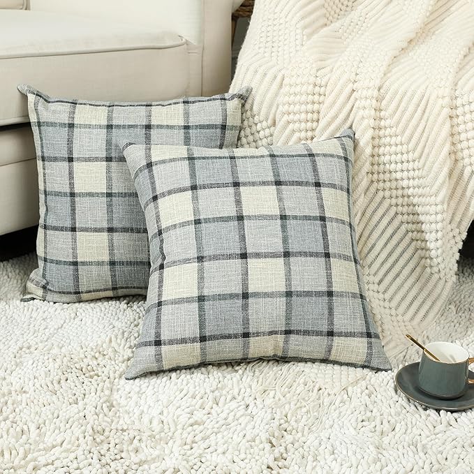 Stellhome Pack of 2 Linen Buffalo Check Throw Pillow Covers Farmhouse Plaid