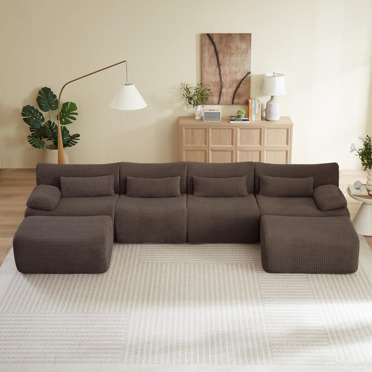 142" Oversized Cloud Sectional Couches Boneless Sofa for Living Room, Fluffy Corduroy Upholstered Corner Couch, Deep Seat Large Modular Sectional Sofa with Ottomans for Living Room