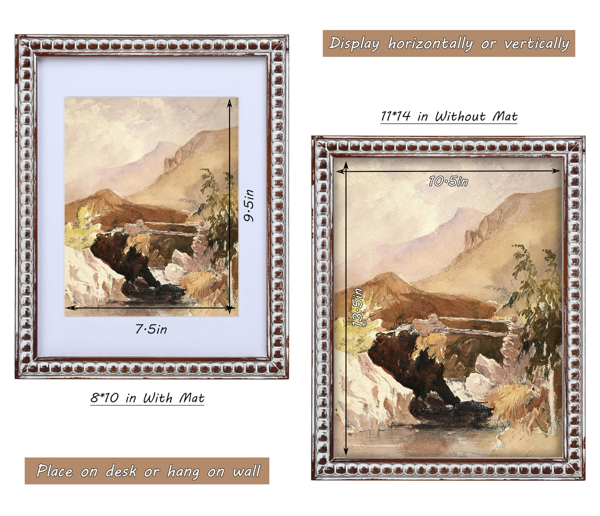 Gdfmsc 11x14 Rustic Picture Frame with Mat for 8x10, Decorative Distressed Beaded Wooden Real Glass, Vertical or Horizontal Display Photo Gallery Wall & Tabletop Frame, White Washed Brown
