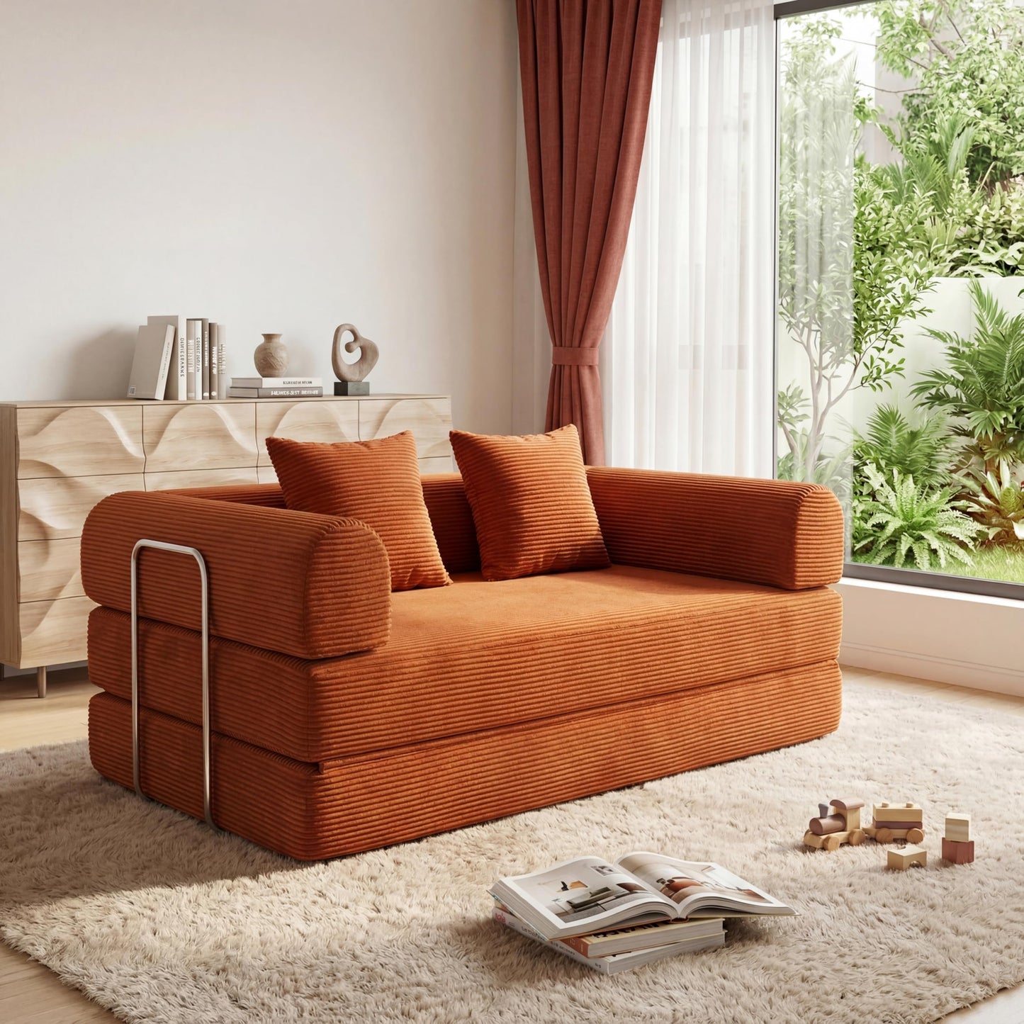 HouseMila 59" Boneless Couch,4-in-1 Futon Sofa Bed Modular Loveseat Sleeper Folding Compressed Couch with Pillows,No Assembly Required Convertible Sofa Bed for Living Room Bedroom Guest Room,Orange