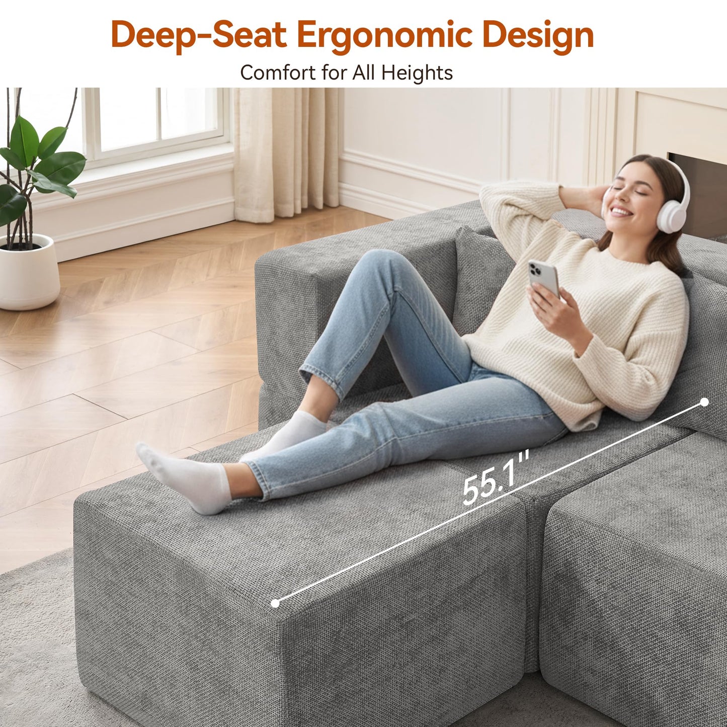 MONVANE Modular Sectional Sofa, Oversized 12 Seat Convertible U Shaped Couch with Ottoman, Comfy Chenille Cloud Couch with Pillow, Sectional Couches for Living Room, No Assembly Required, Light Grey