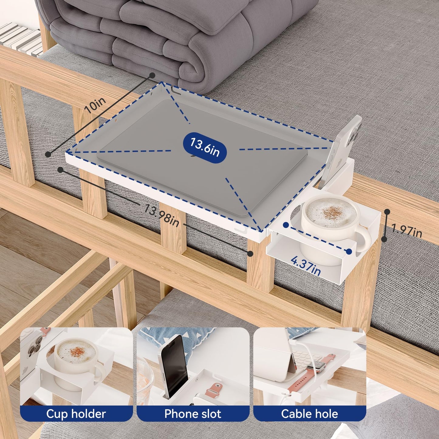 AmzAge Metal Bedside Shelf Table Tray with Cup Holder, Foldable Bed Side Table for Bunk Bed & Top Bunk, College Dorm Room Essentials for Guys & Girls, Clip-on Laptop Nightstand for IKEA Beds, White
