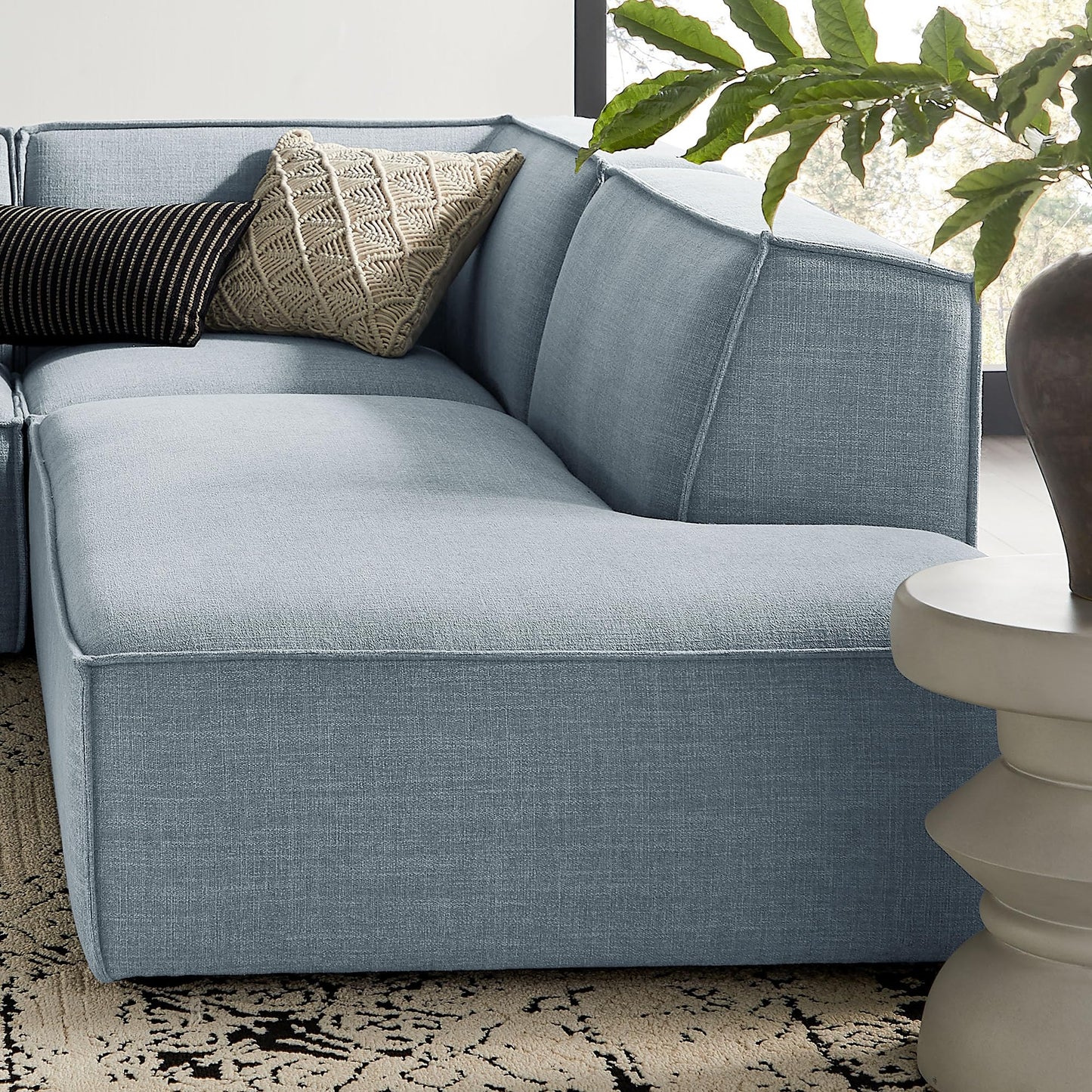 Modway Restore Performance Fabric Upholstered 4-Piece Modular L-Shaped Armless Sectional Sofa in Sky – Low Profile Couch with Coil Seat Support and French Piping