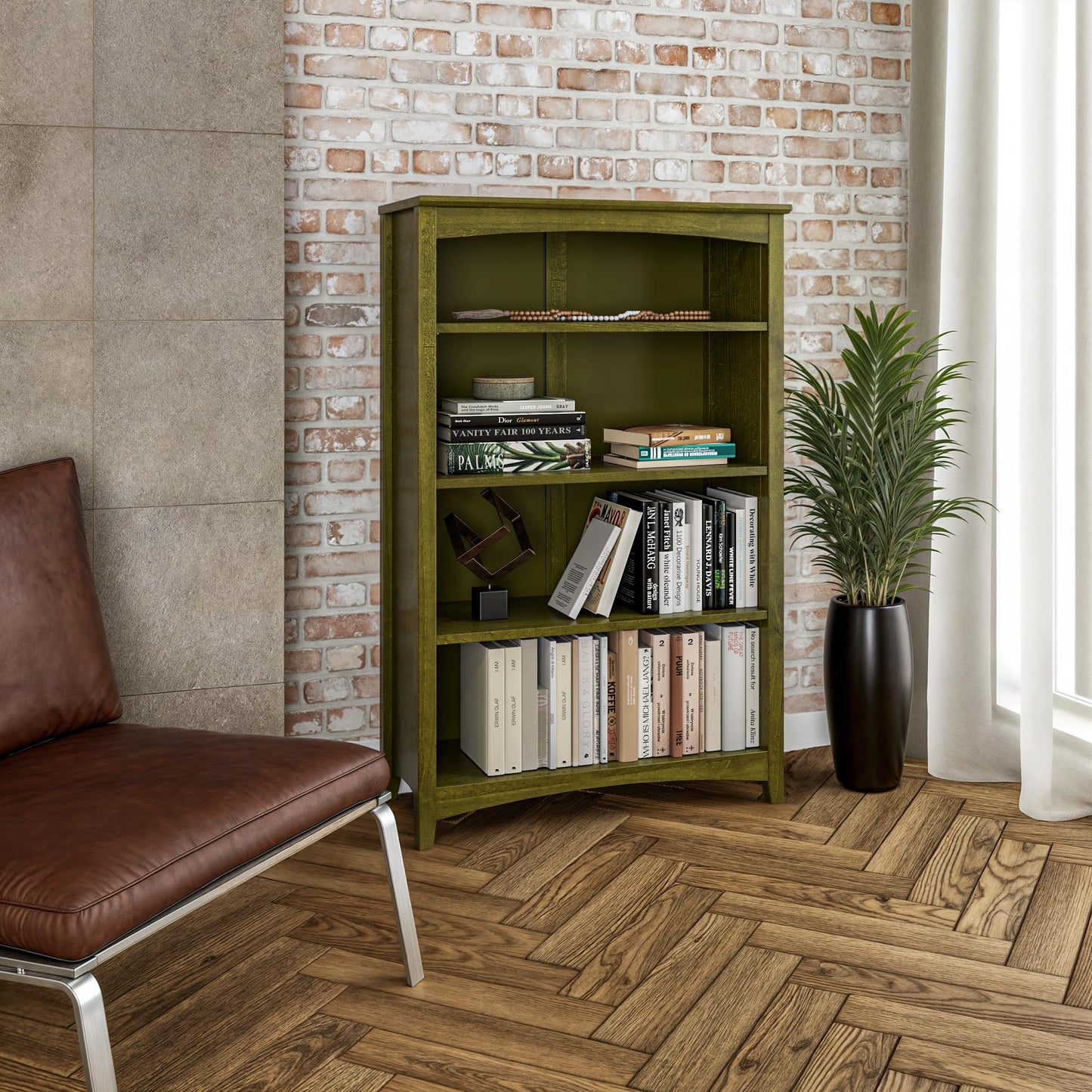 Camaflexi Shaker Style 4 Shelf Bookcase/Solid Wood / 48" High/Adjustable Shelving/Closed Back/Display Bookshelf for Living Room, Bedroom, Home and Office, Olive Grove Green