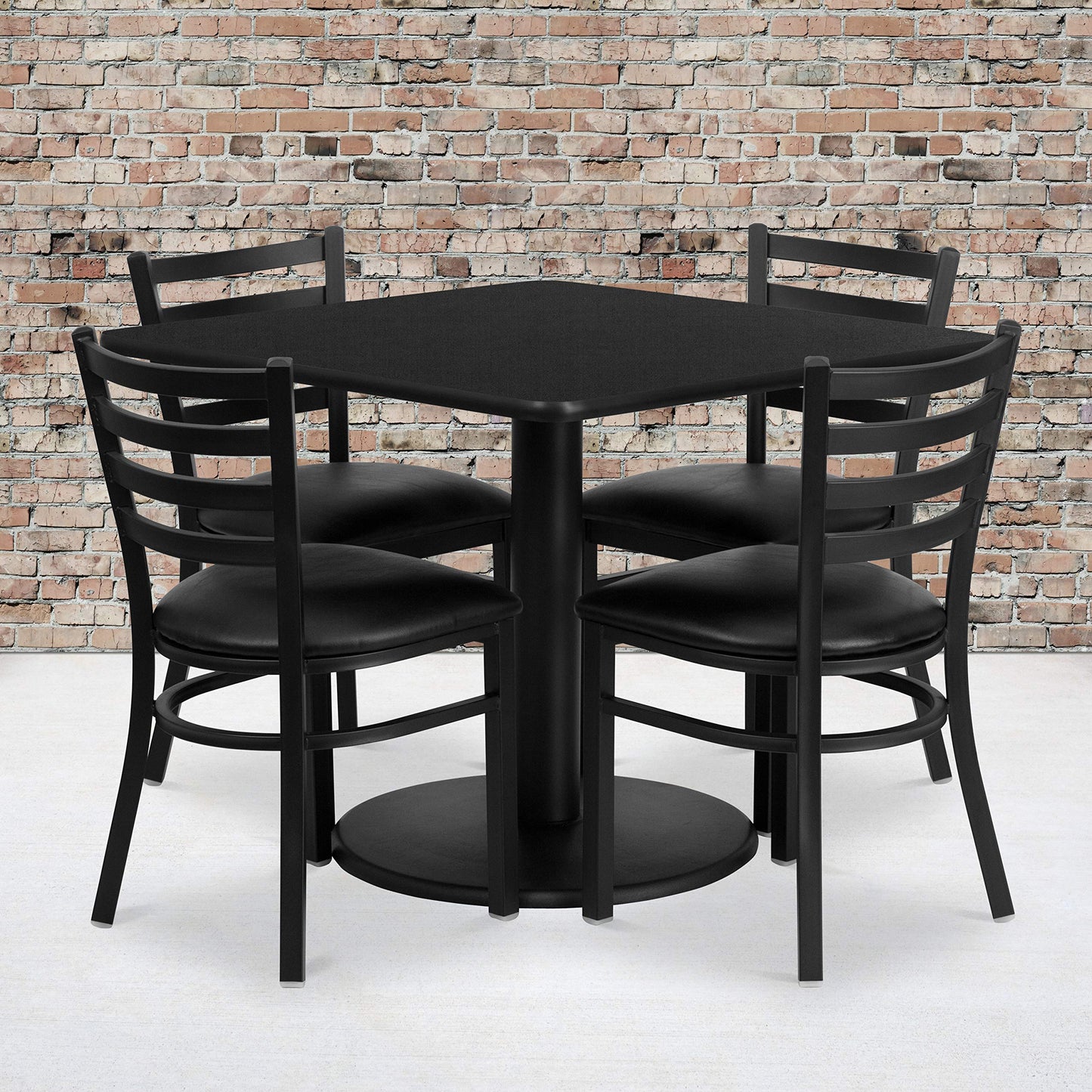 Flash Furniture Jamie 36'' Square Black Laminate Table Set with Round Base and 4 Ladder Back Metal Chairs - Black Vinyl Seat