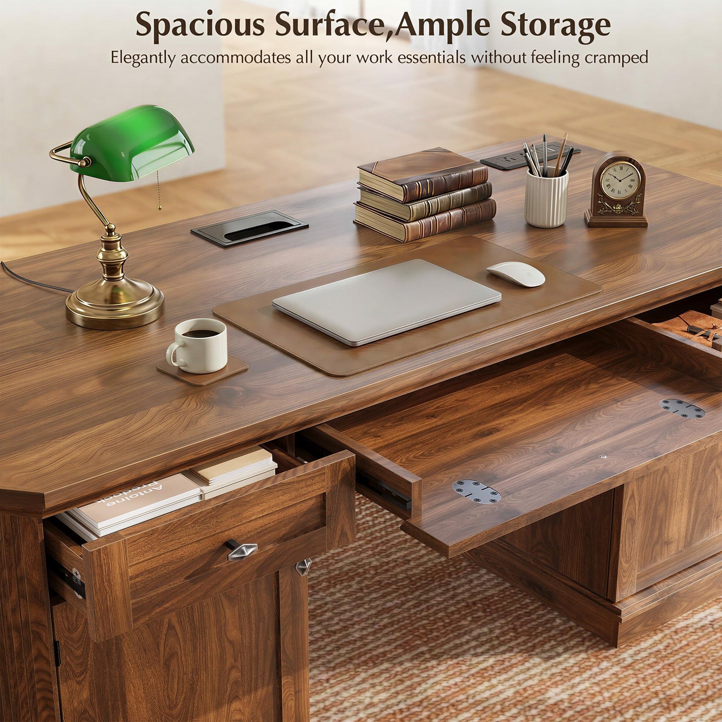 AMBERHAUS 59" Classic Executive Desk with Storage, Victorian Executive Desk with Charging Station, Keyboard Tray, 3 Drawers & 2 Cabinet Storage & 2 Pedestals, Easy Assembly, Dark Walnut