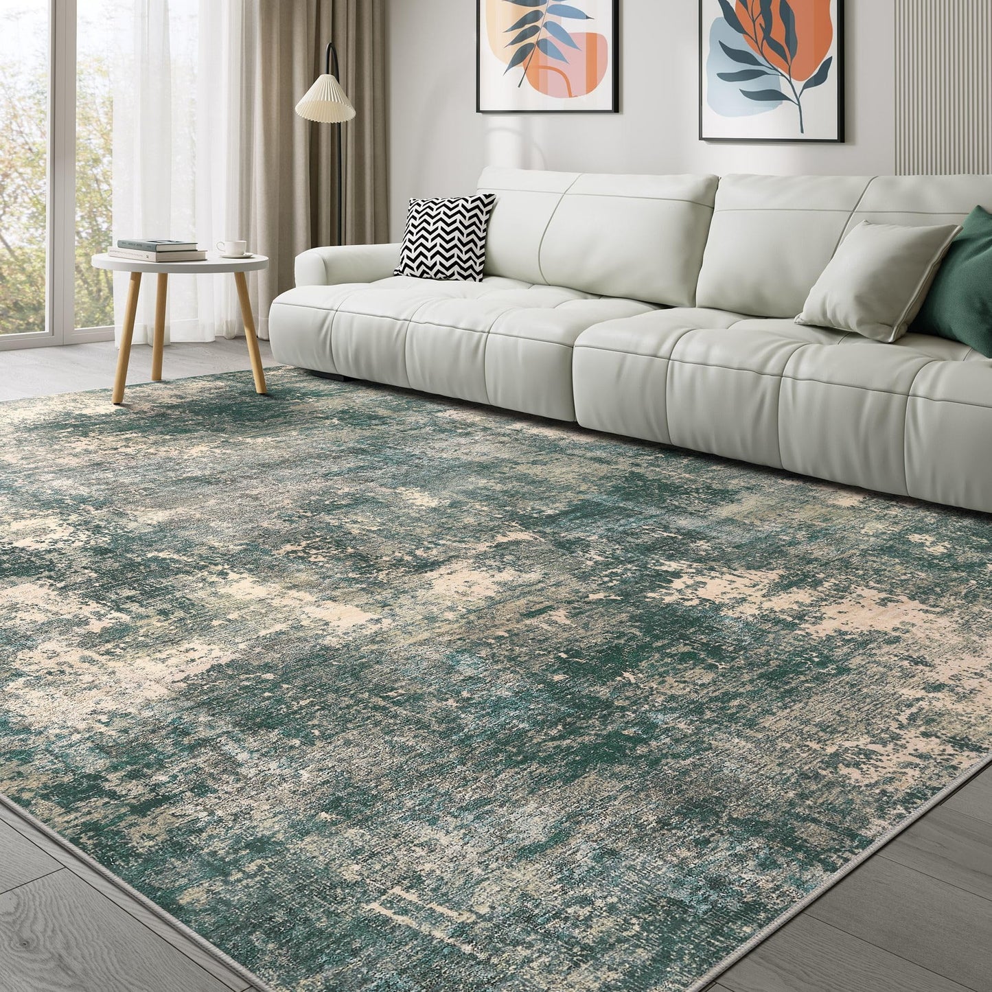 TARANCH Abstract 10x14 Area Rug: Machine Washable Non Slip Ultra Thin Low-Pile Carpet, Soft Stain Resistant for Living Dining Room Bedroom, Kid Pet Friendly, Robot Vacuum Compatible - Dark Green/Beige