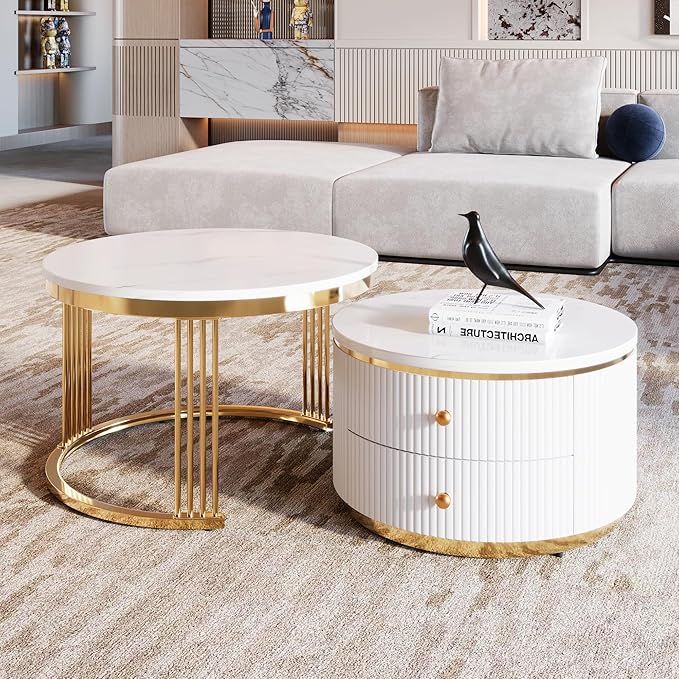 Modern 2 Pieces White Round Nesting Coffee Table