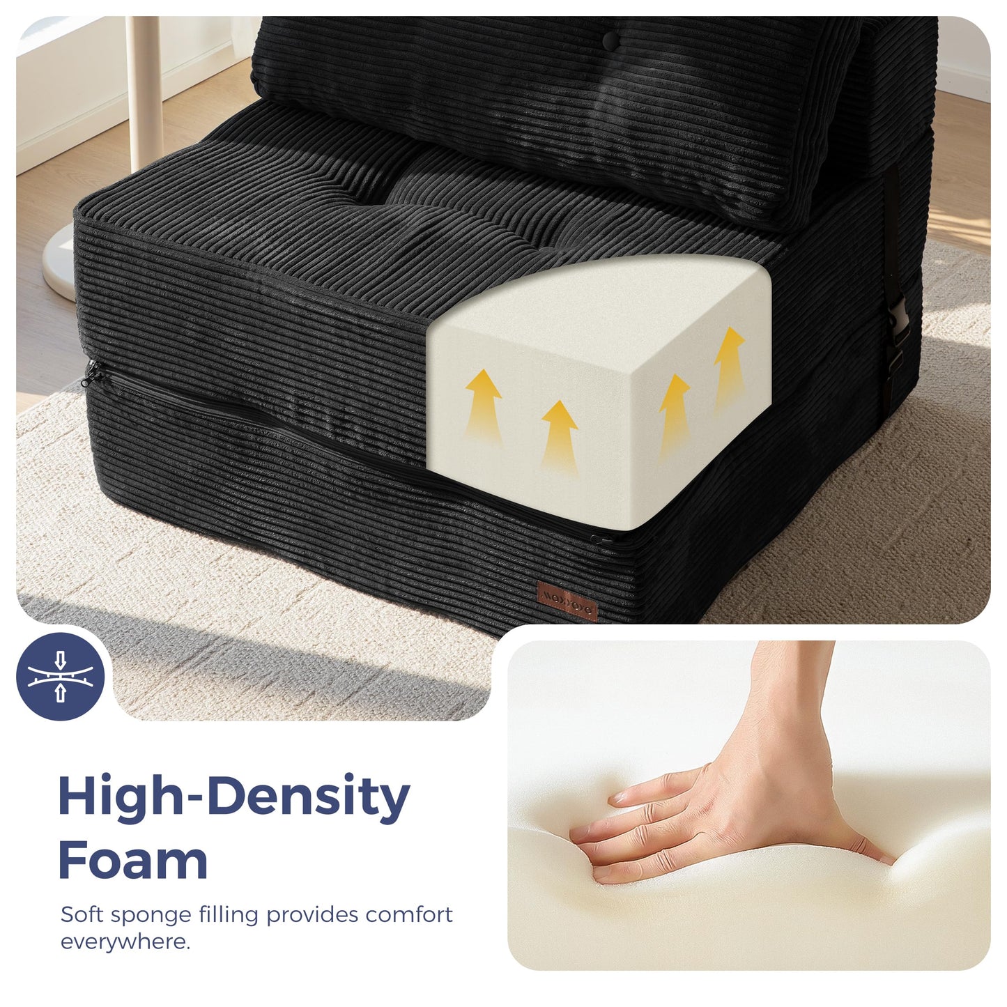 MAXYOYO Folding Sofa Bed, Convertible Sofa Bed with High-Density Support Foam, Portable 4 in 1 Fold Out Chair to Floor Lounger, Versatile Floor Couch for Living Room Bedroom, Black
