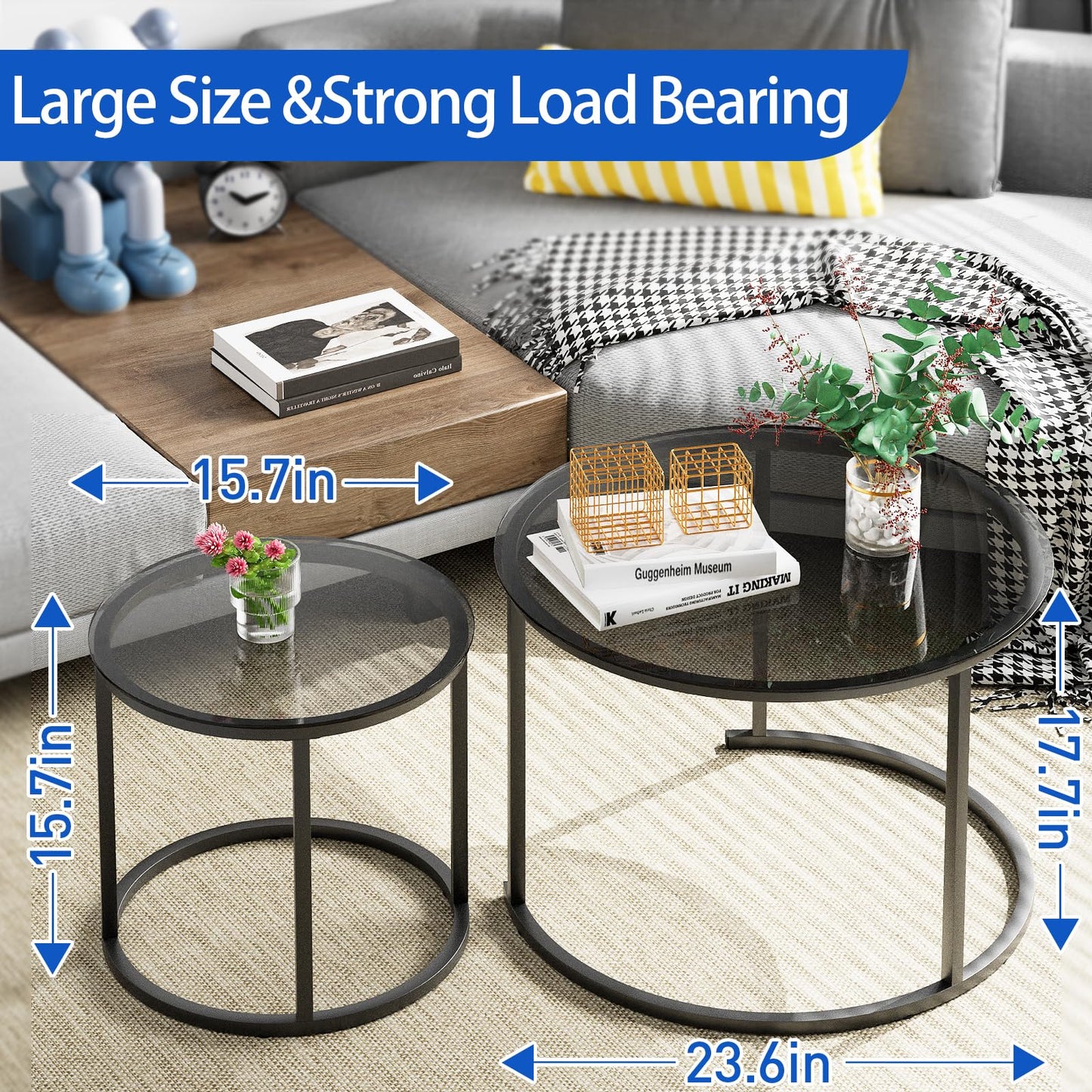 aboxoo Nesting Coffee Table Grey Glass Table Set of 2, Small Round Glass Nesting Tables for Living Room Bedroom, Accent Tea Table with Metal Frame Modern Industrial Simple