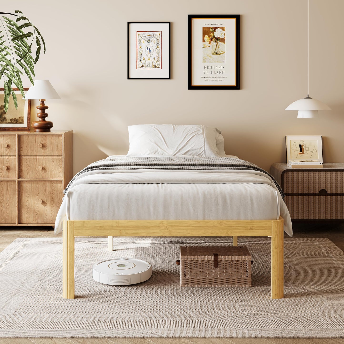 COMASACH 18 Inch Queen Wood Platform Bed，Mid-Century Wood Bed Frame Queen Size, No Box Spring Needed, Natural Finish, Easy Assembly