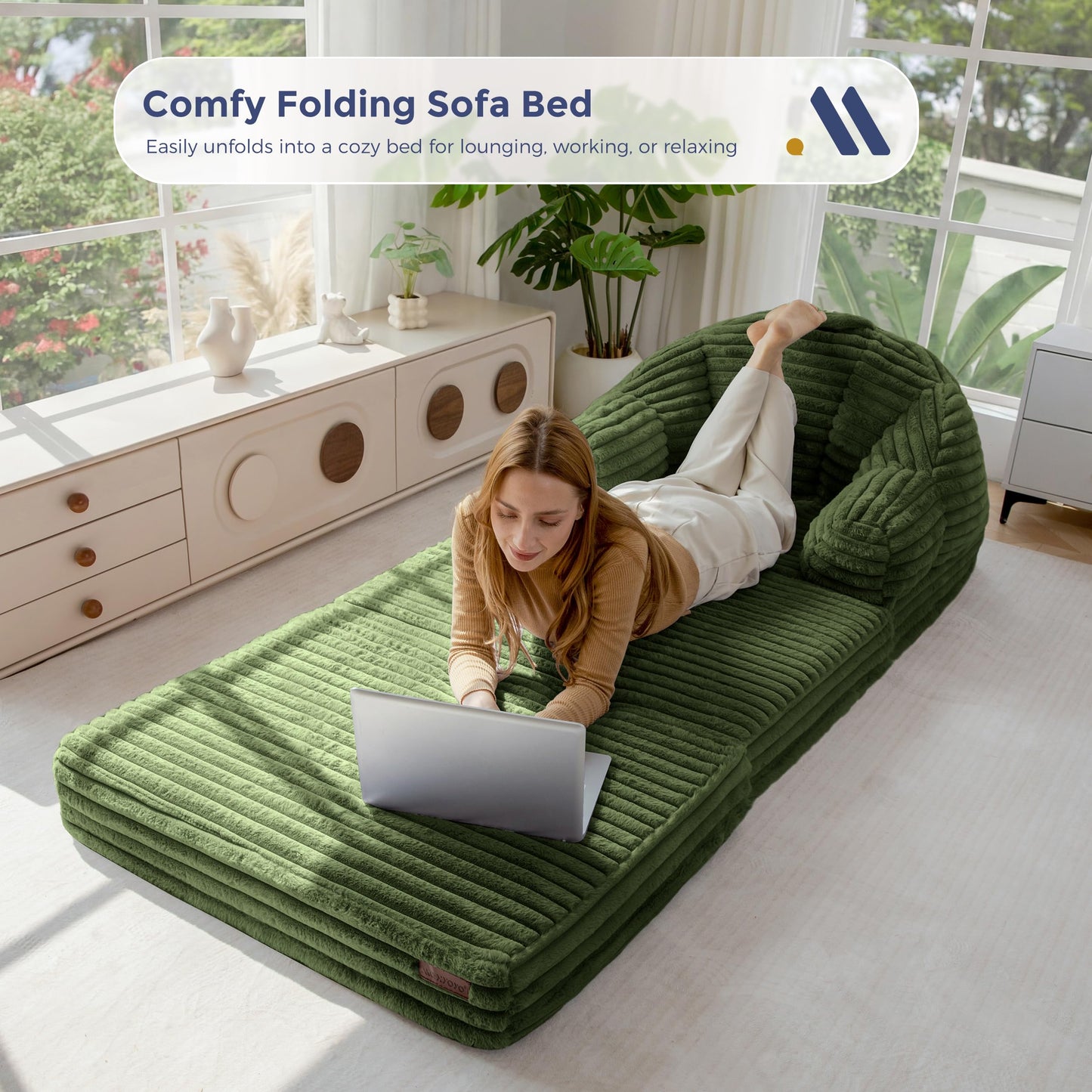 MAXYOYO Folding Sofa Bed, 2 in 1 Convertible Sofa to Lounger Comfy Faux Fur Bean Bag Chair for Adults, Floor Single Couch Chair with Handle, Couch Bed for Living Room Bedroom, Dark Green
