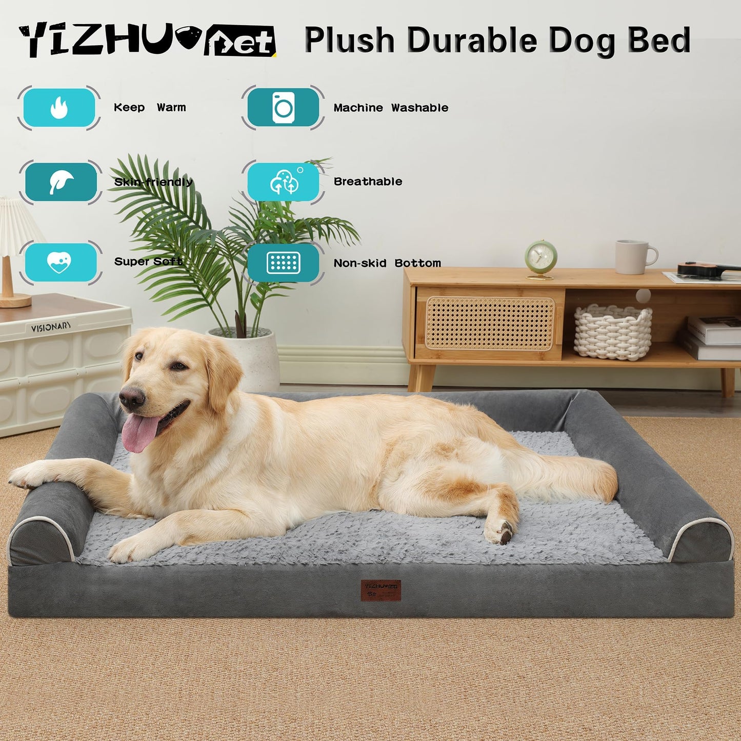 YIZHUOPET Orthopedic Plush U Shape Dog Bed,Medium L Sized Dog 36''X27''x6.5'' Soft Waterproof Egg Foam Pet Crate Beds Mat or Kennel Pads with Removable Washable Cover,Non-Slip Bottom,Grey