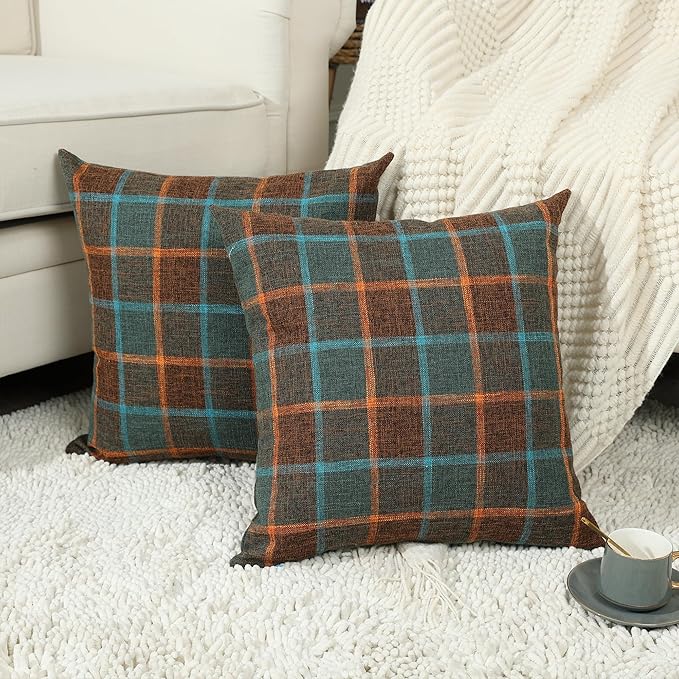 Stellhome Pack of 2 Fall Linen Buffalo Check Decorative Throw Pillow Covers