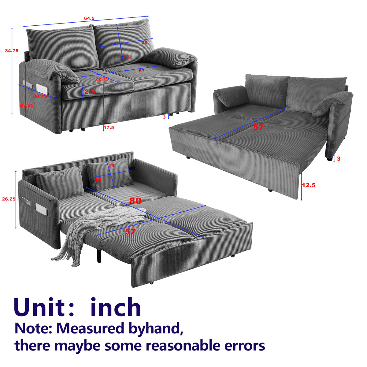 Eafurn 3 in 1 Convertible Pull Out Sleeper Sofa Couch Bed Queen Size, Corduroy Pullout Lounge Loveseat RV Sofa&Couches Sofabed with Soft Pillows Armrest,Side Pockers for Living Room Apartment