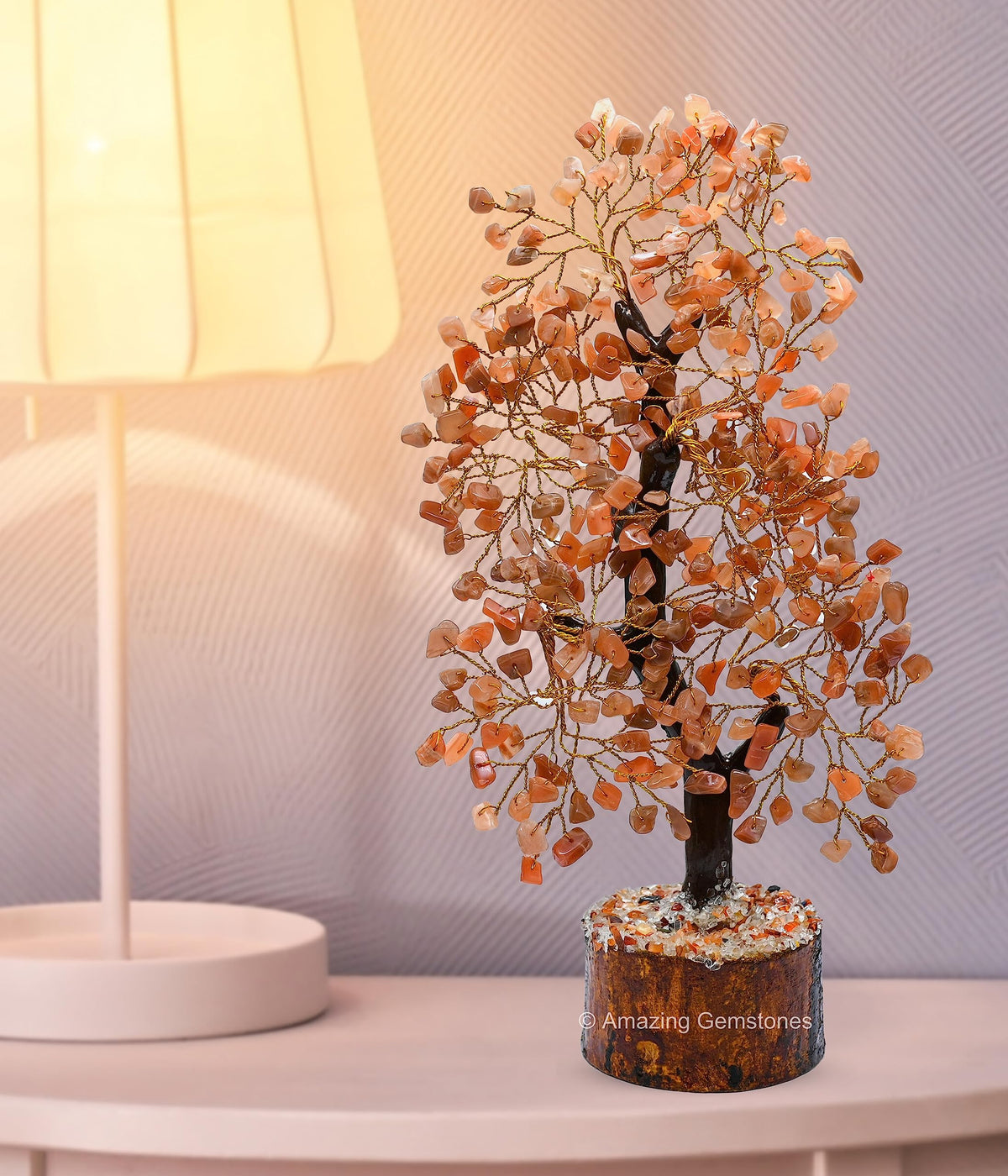 Peach Moonstone Natural Healing Premium Crystal Bonsai Feng Shui Fortune Money Tree of Life for Home Office Decor (Gift Box Ready,10-12 Inch)