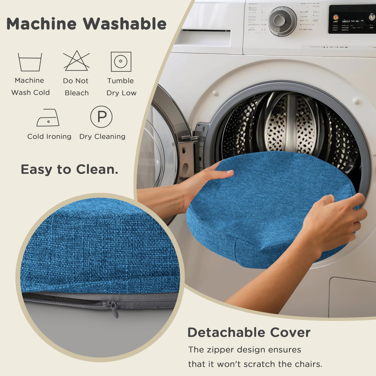 AddGrace 2.5" Thick Non Slip Round Chair Pad Set of 2, 16" Round Chair Cushion with Machine-Washable Cover and Long Zipper, Seat Cushions for Kitchen, Office, Floor and 16" Ottoman, Blue