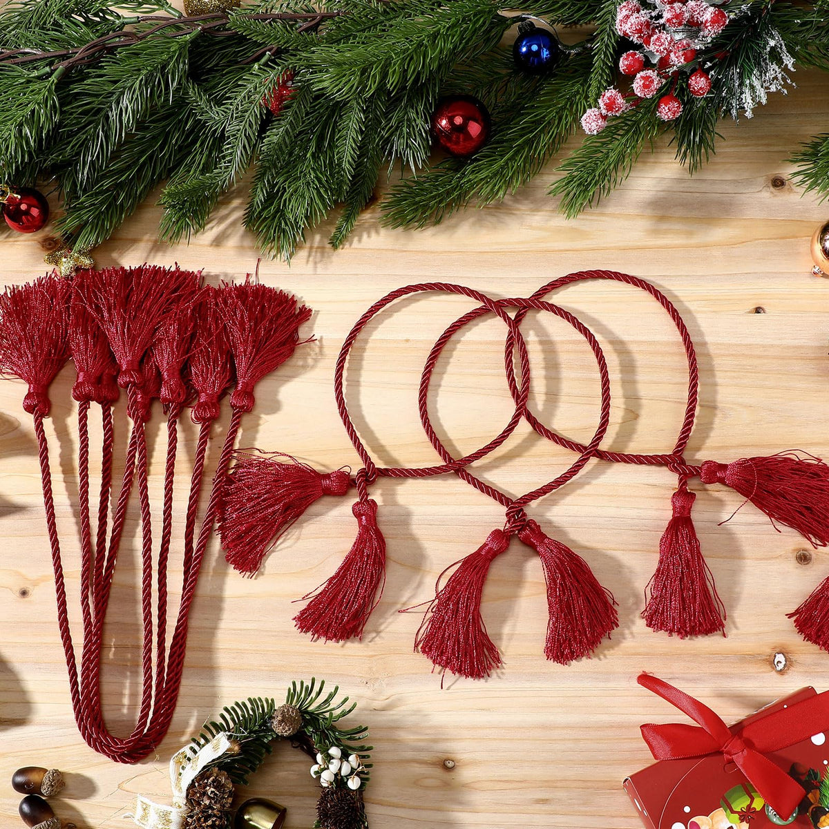 Zhengmy 15 Pcs 24 Inch Christmas Garland Ties with Tassels Decorative Twist Tie for Banister Reusable Flexible Twist Tie for Garland Fireplace Staircase Banister Home Xmas Holiday Decorations (Red)