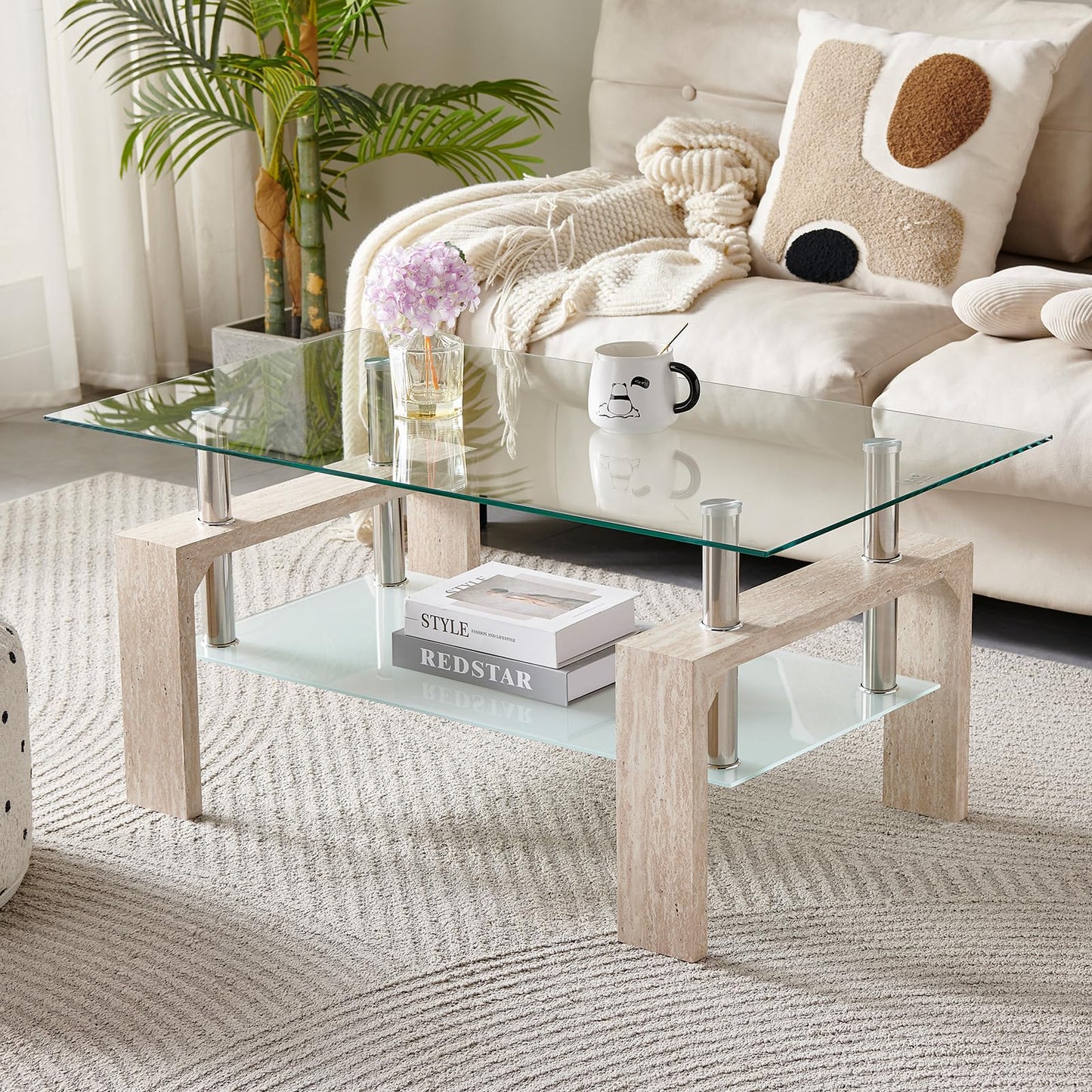Living Room Rectangle Coffee Table, Tea Table Suitable for Waiting Room, Modern Side Coffee Table with Wooden Leg, Glass Tabletop with Lower Shelf (Yellow Travertine)