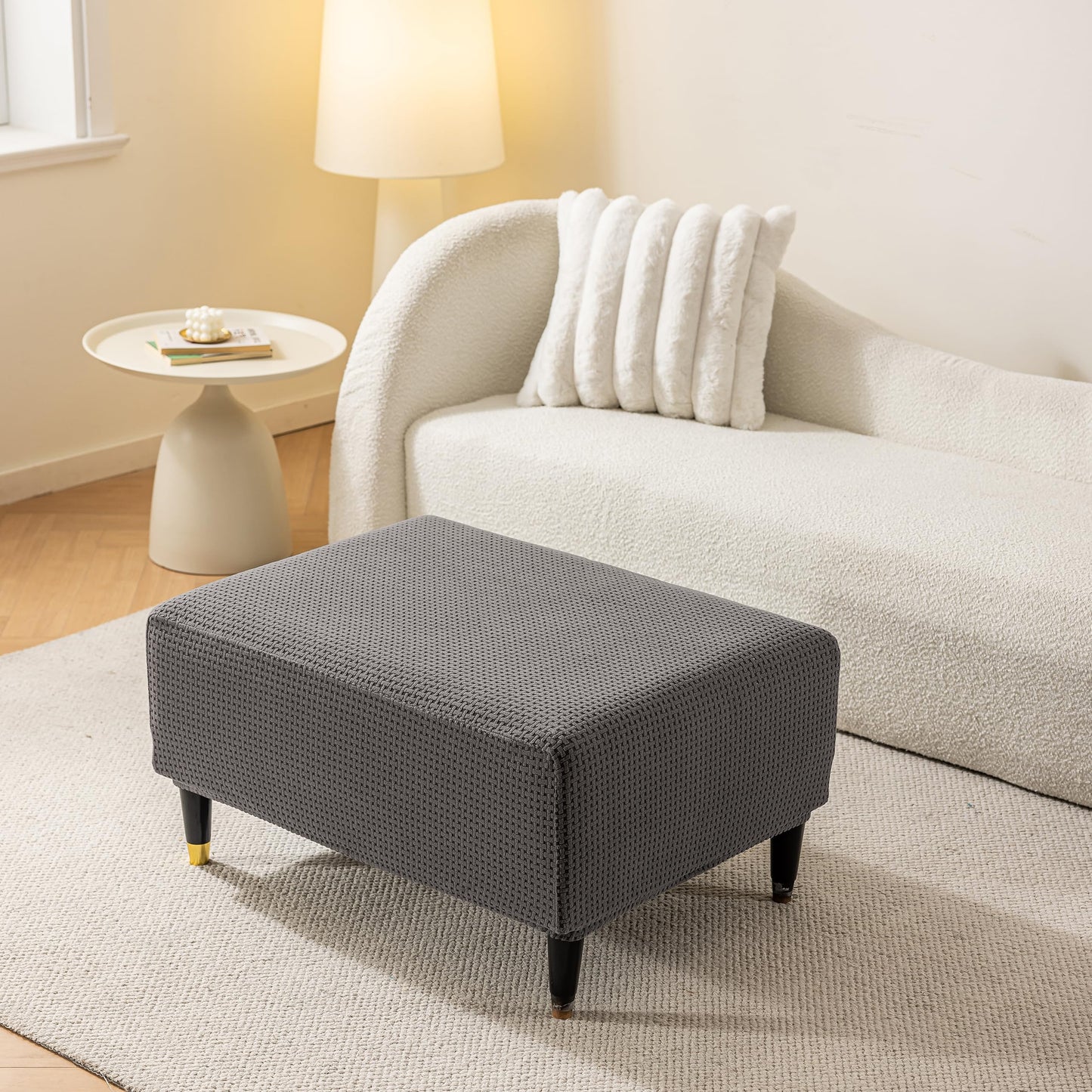KaviKon Ottoman Cover Slipcover Rectangle Fit Length 25"-30" Stretch Foot Stool Slip Cover, Footrest Slipcovers Protector with Elastic Band, Ottoman Cover Removable Washable(Small,Grid Weave Grey)