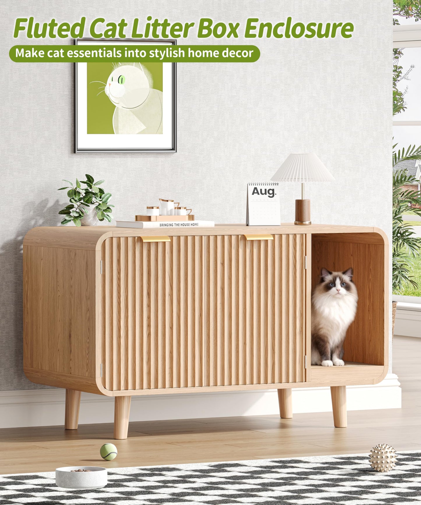 Zeibospri Fluted Cat Litter Box Enclosure with Solid Wood Legs, Hidden Cat Litter Cabinet, Modern Cat House Furniture, Reduce Litter Tracking, 31.5 x 19.7 x 22 Inches, for Living Room, Bedroom, Oak