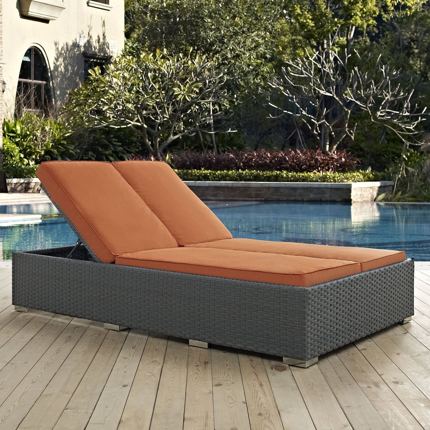 Modway Sojourn Wicker Rattan Outdoor Patio Sunbrella Fabric Double Chaise in Chocolate Navy