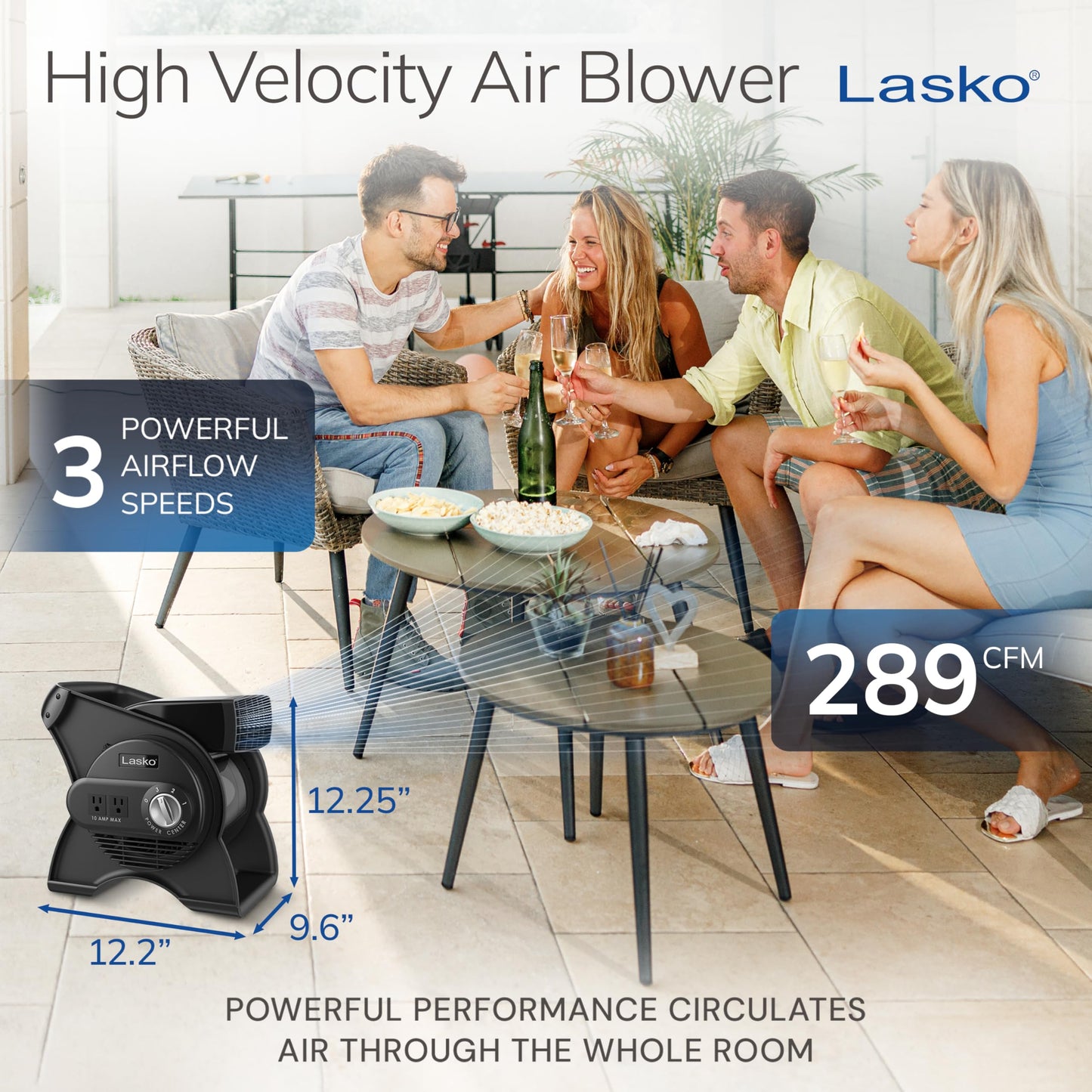 Lasko High Velocity Portable Utility Fan - Adjustable Air Mover Blower Fan for Bedroom, Office Desk, Garage, and Home - With 2 Outlets 120V - 3 Speeds - U12104 - 12" Tall - Black