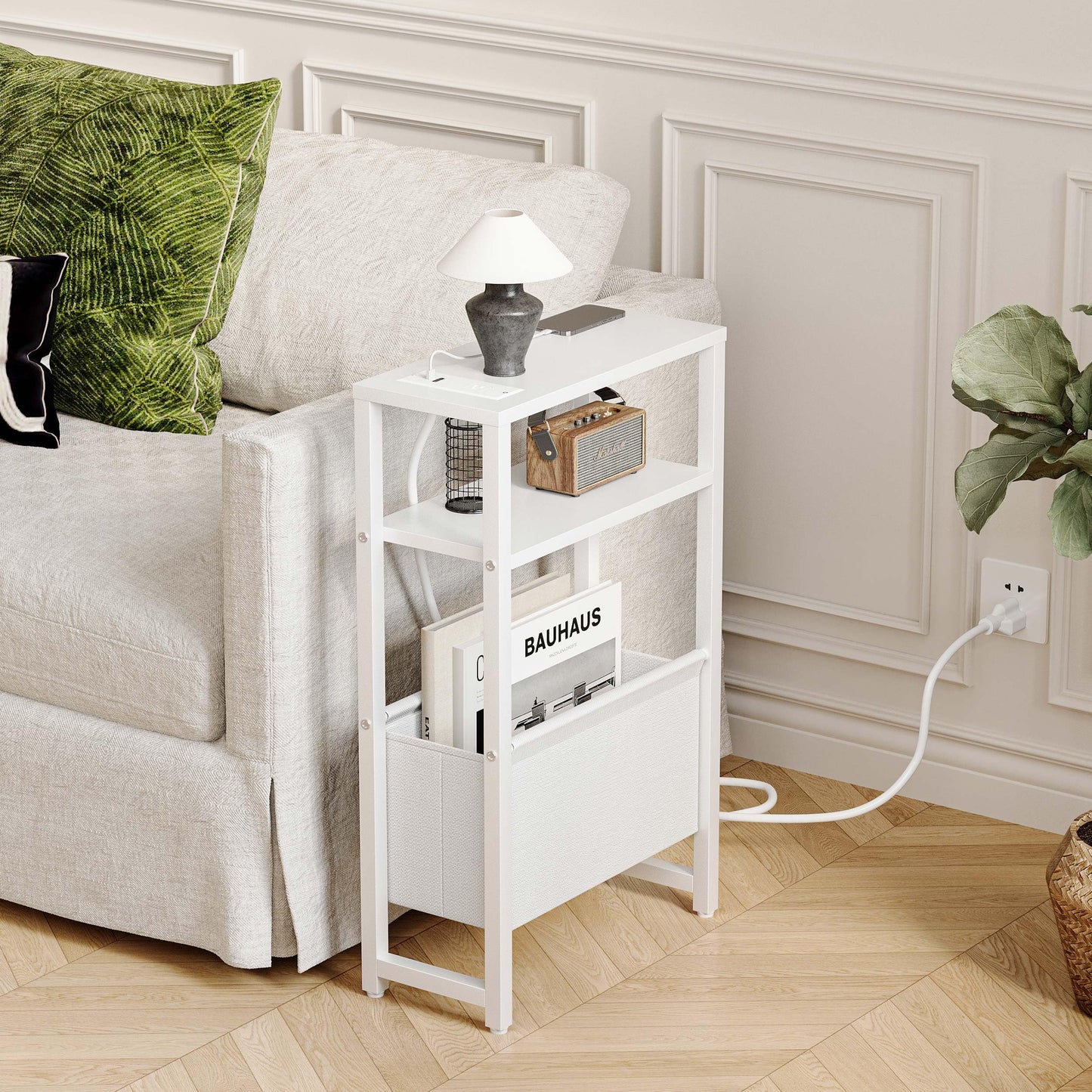 IRCPEN Narrow Side Table with Charging Station Slim End Table Sofa with Magazine Rack, Bedside Table for Small Spaces, 3 Tier Nightstand for Living Room Couch, Bedroom White LET503WE