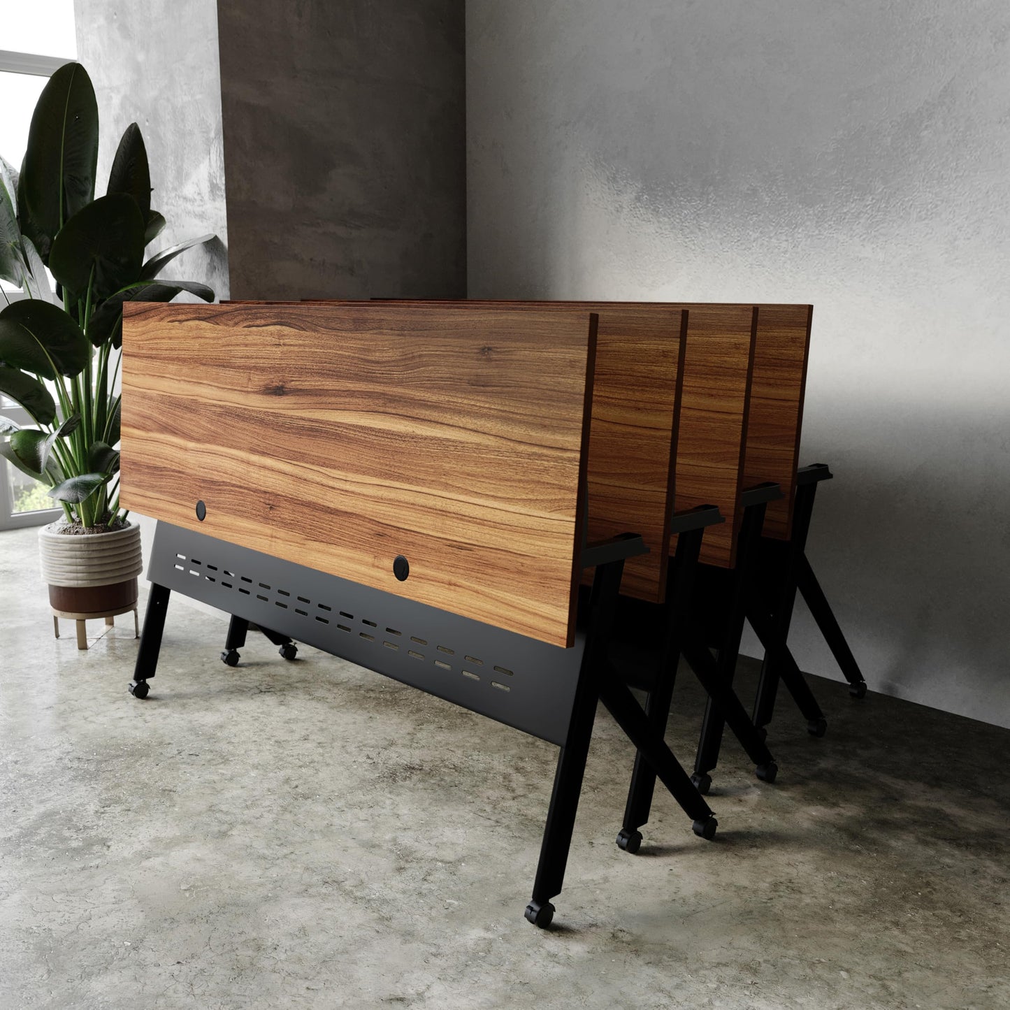 BizChair Commercial Grade 72" x 24" Heavy-Duty Nesting Flip Training Table with Y-Legs, Modesty Panel, 1" Thick Walnut Tabletop, and Black Steel Frame