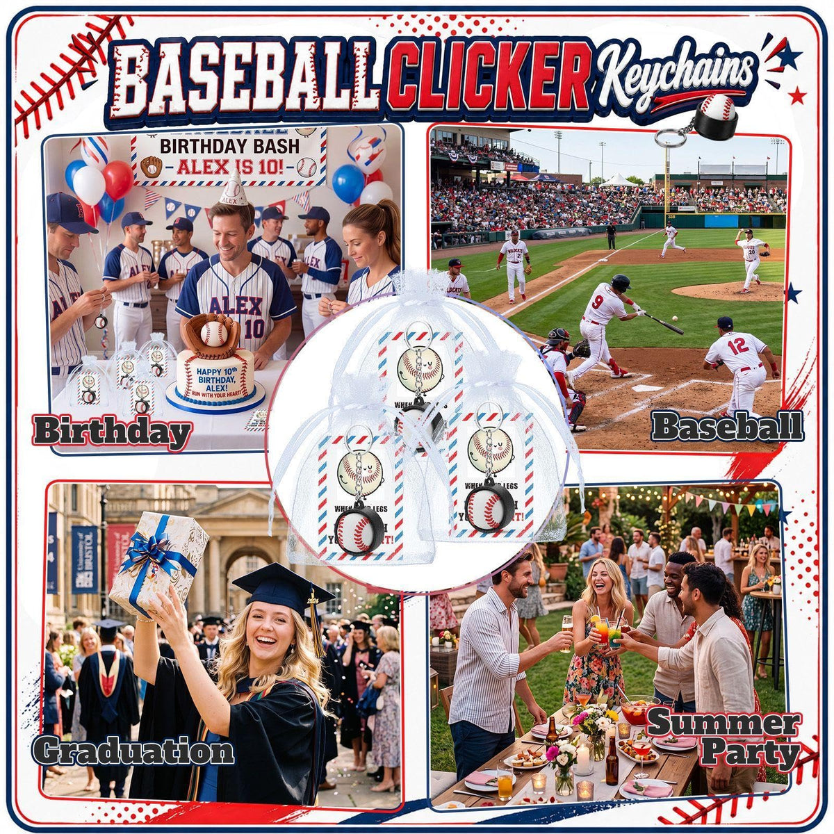 Junkin 12 Set Baseball Fidget Clicker Keychain Gifts 3D Printed Baseball Sensory Clicker Keychain with Inspirational Cards Anxiety and Stress Relief for Graduation Sports Team Adults Party Decorations