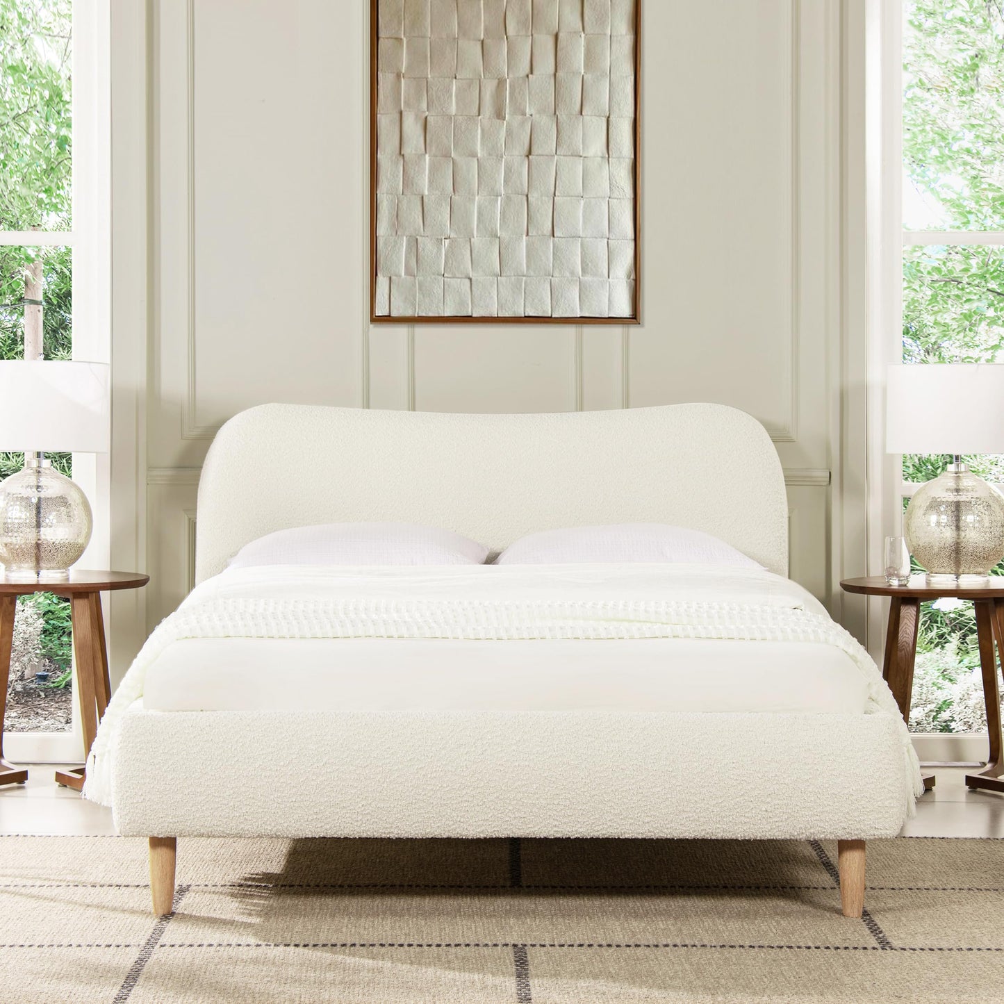 KOYVRY Boucle Bed Frame - Upholstered Bed Frame with Curved Headboard and Wooden Slats Support, Upholstered Platform Bed with Wooden Legs, Minimalist Bed Frame for Bedroom, No Box Spring Needed