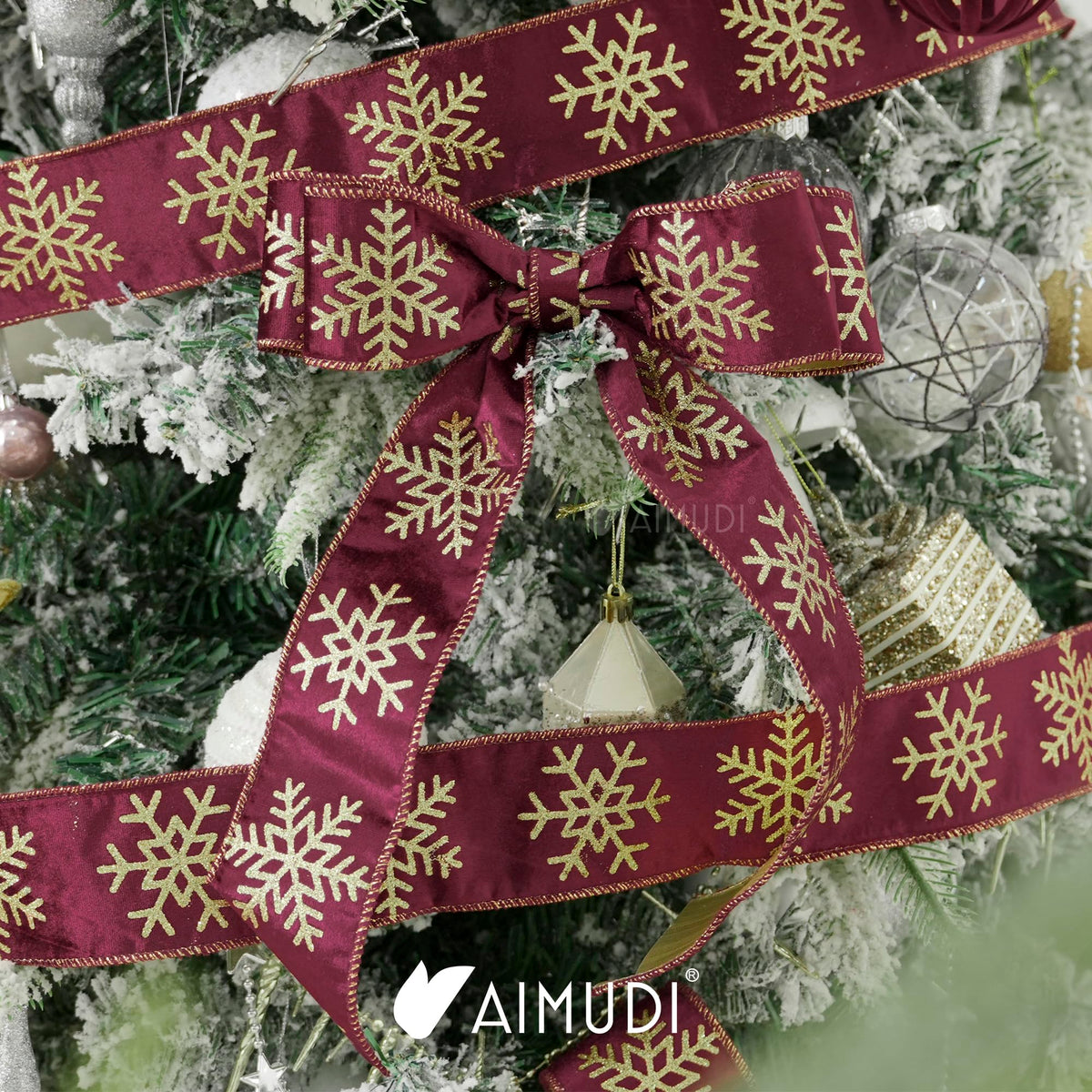 AIMUDI Burgundy and Gold Christmas Velvet Ribbon Wired 2.5 Inch Glitter Snowflake Wired Ribbon for Wreaths, Christmas Tree, Gift Wrapping, Garland, Holiday Crafts, Topper Bows, 10 Yards