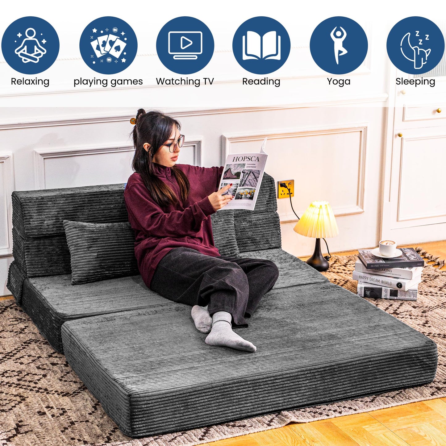 Cvortll Folding Sofa Bed, Convertible Sleeper Chair with Pillow, High Density Memory Foam Fold Out Couch, Foldable Mattress Futon Sofa for Living Room/Dorm/Guest Use/Apartment/Home Office
