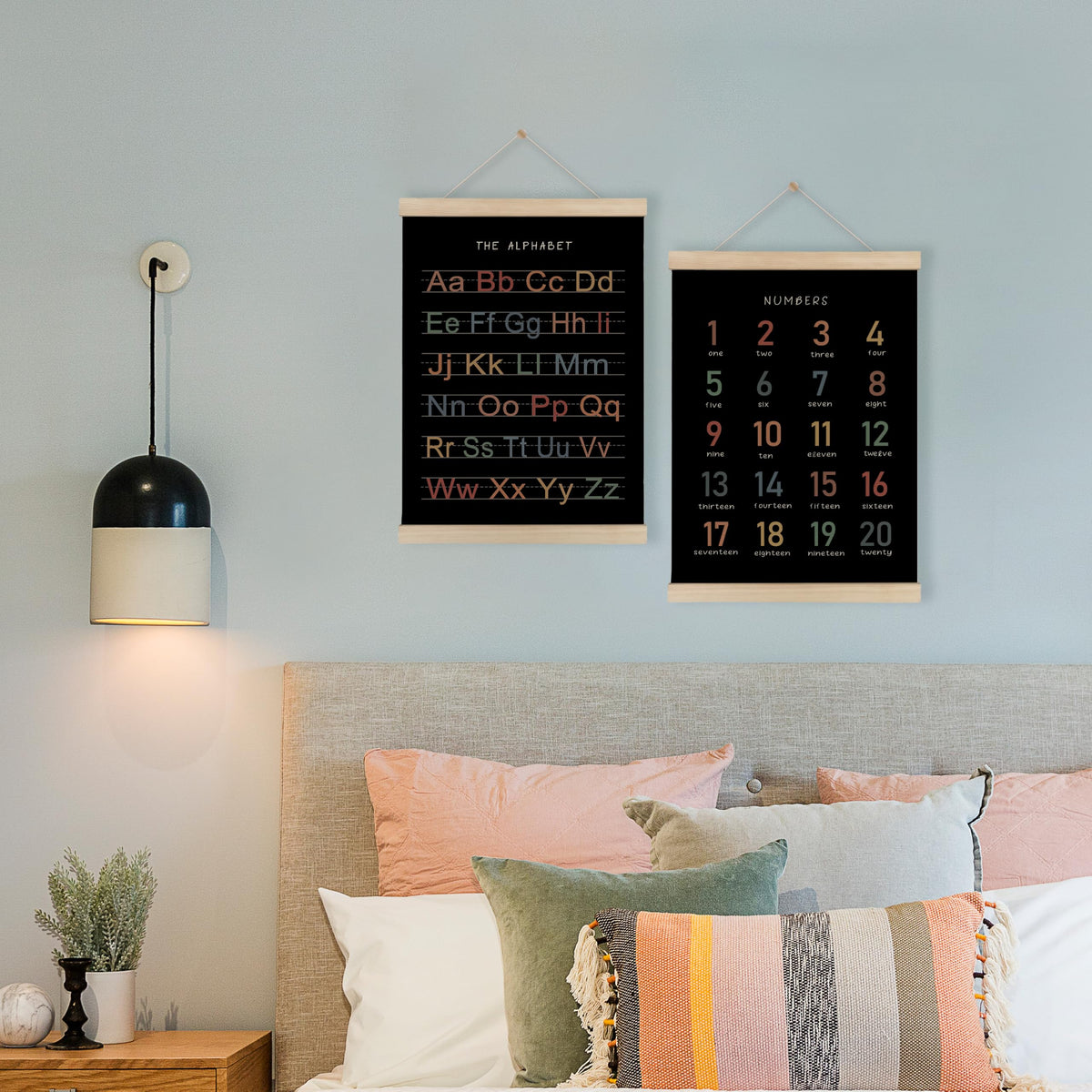 HRQKO Alphabet Numbers Poster Hanger Frame Set of 2, Black Nursery Wall Decor, ABC Poster Wall Art with Wooden Frames, Boho Alphabet Banner Wall Hanging Decor for Toddler Playroom, 12x16 Inch