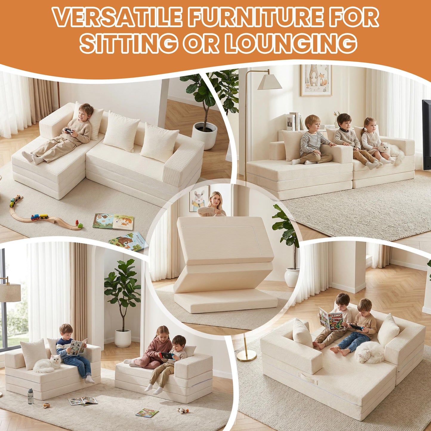 65" Boneless Couch,Convertible Sleeper Sofa Bed, Modular Sectional Sofa, Modern Tri-Folding Cloud Couch with L-Shape Chaise, Corduroy Futon Couches for Small Spaces Apartment,No Assembly