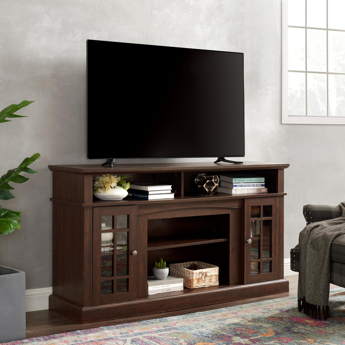 Trygoal Farmhouse TV Stand for 60 Inch TV, 58" Wood Entertainment Center with Glass Doors & 5 Cable Routing Holes, Sturdy Media Console Table for Living Room & Bedroom, Brown