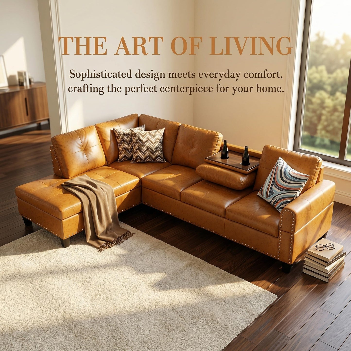 Trygoal L-Shaped Sectional Sofa, Modern 4-Seat Couch with Built-in Cup Holders, Leather Sectional Couch with Left Facing Chaise for Living Room, Apartment, Office, Ginger