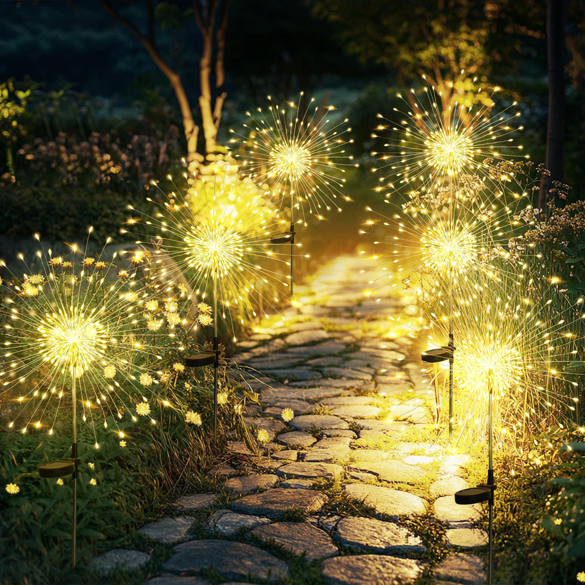 GIGALUMI Garden Decor Outdoor Lights 120LED 6Pack, Solar Garden Lights Outside Fairy Firework Decorative,Solar Powered for Yard Pathway Flowerbed Planter Balcony Patio 4th of July Decor (Warm White