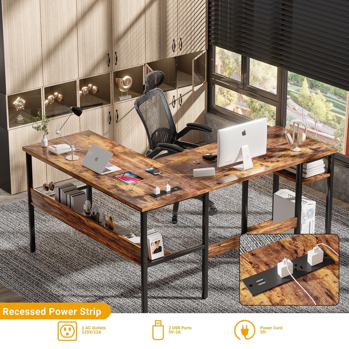 Unikito L Shaped Computer Desk with Magic Power Outlets and USB Charging Port, Sturdy Reversible Corner Desk with Storage Shelves, Modern Work Desk for Home Office, Easy to Assemble, Rustic Brown