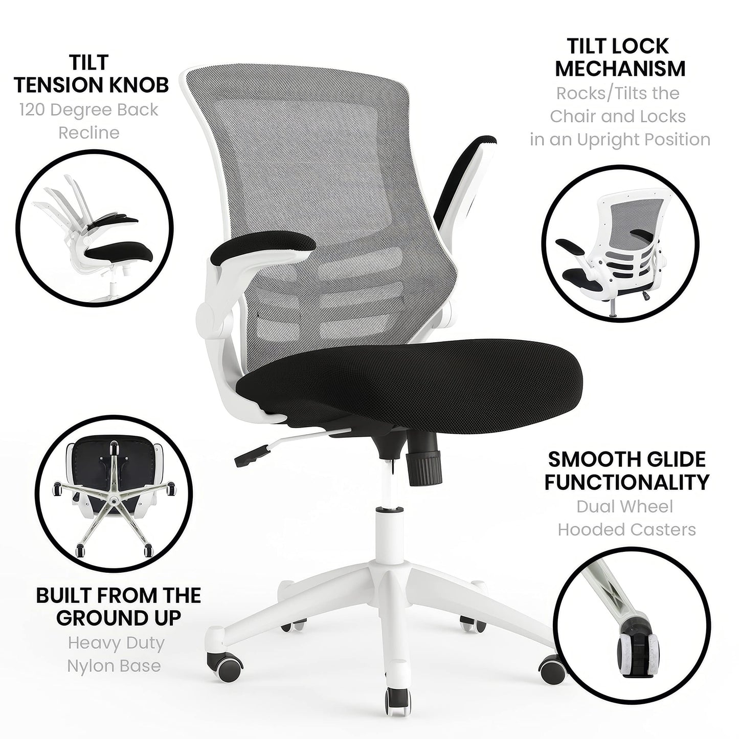Flash Furniture Kelista Office Chair, Ergonomic, Mid-Back, White Frame, Black Mesh with Swivel