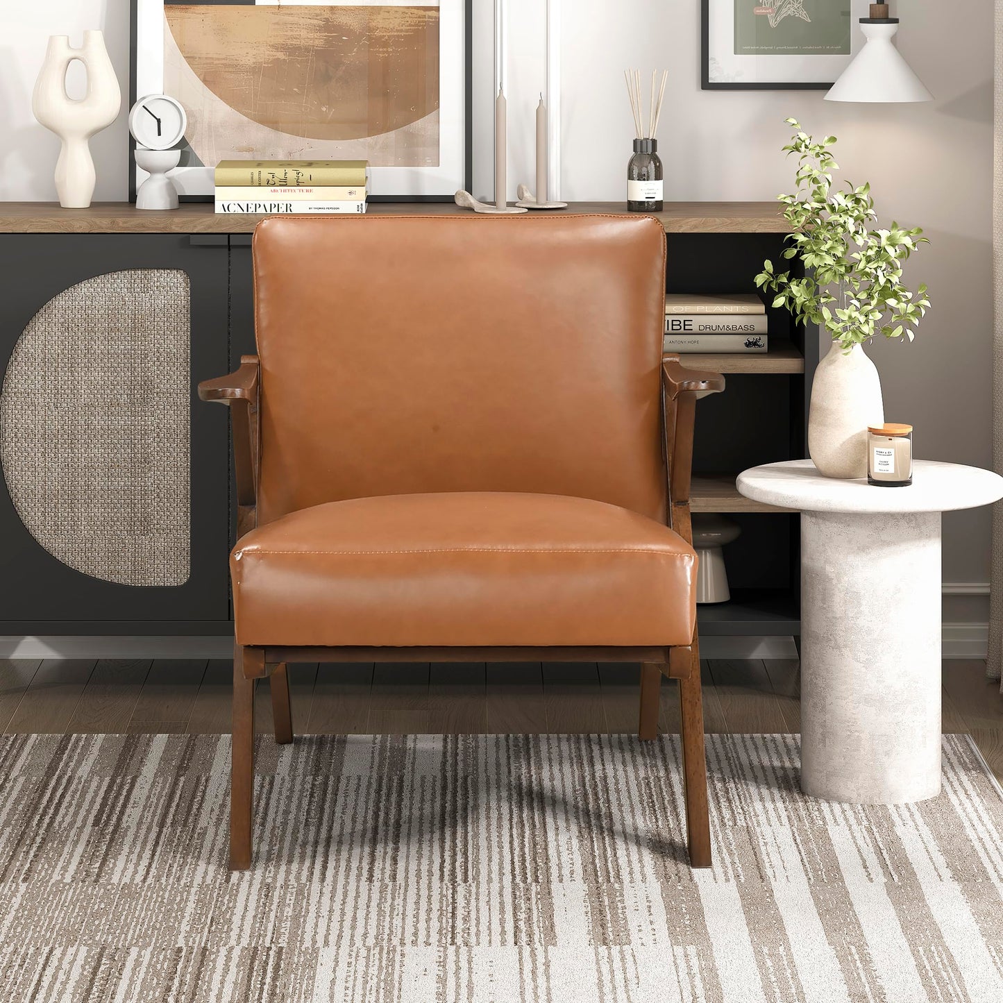 Lexicon Mid Century Modern Accent Chair, Faux Leather Upholstered Lounge Seat, Brown Finish Solid Wood Framed Comfy Side Chair for Living Room/Bedroom/Office/Waiting Area, Brown