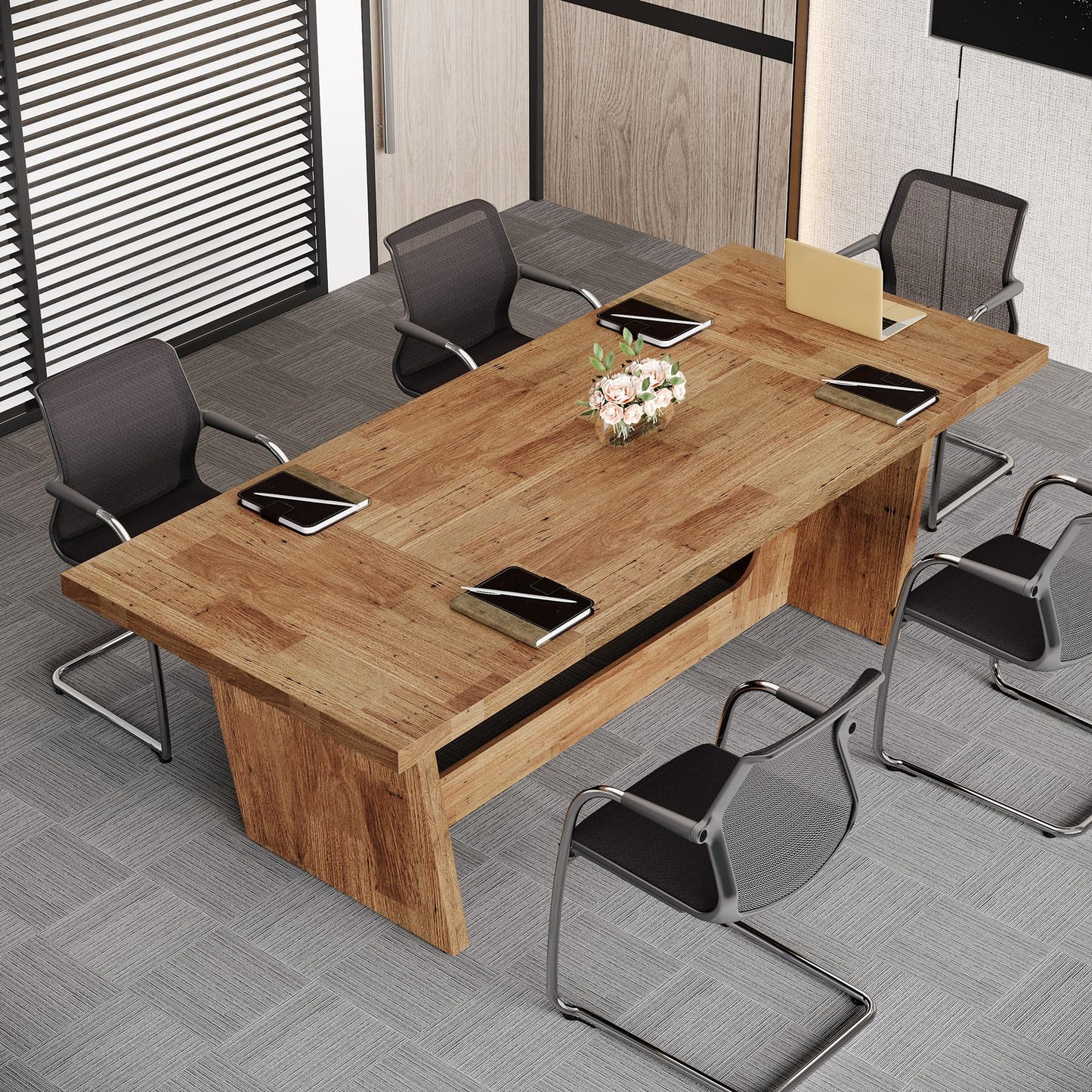 Tribesigns 6 FT Conference Room Table, 71” Rectangular Meeting Table for Office, Large Executive Seminar Desk for 6–8 People, Heavy-Duty Business Boardroom Table with Wooden Pedestal Base, Light Brown