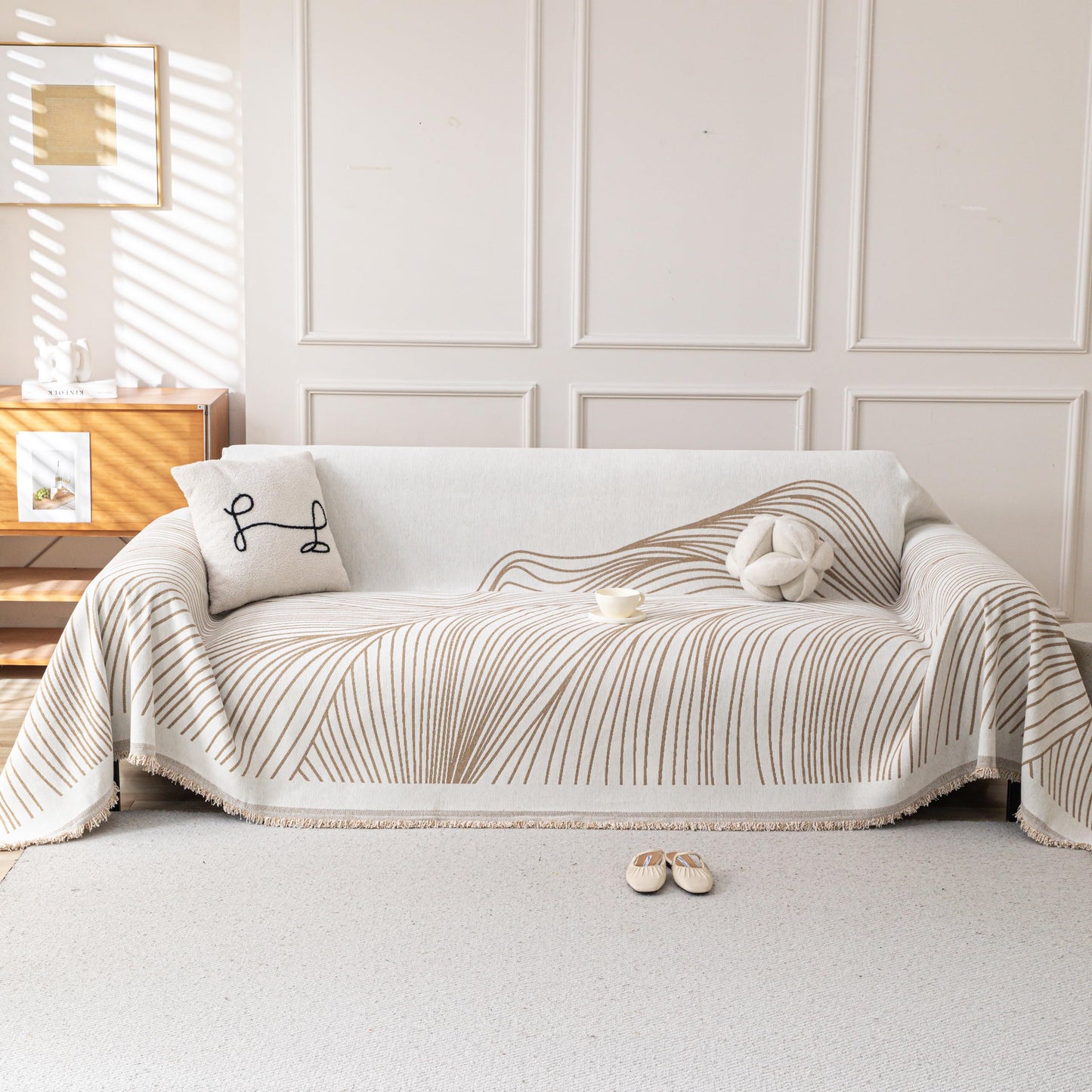 KaviKon Boho Chenille Couch Cover for Dogs, Non Slip Sofa Cover, Couch Slipcover Covers for 3 Cushion, Furniture Protector with Tassels for Pets Washable, 71"x118", Curved Lines Beige