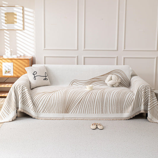 KaviKon Boho Chenille Couch Cover for Dogs, Non Slip Sofa Cover, Couch Slipcover Covers for 3 Cushion, Furniture Protector with Tassels for Pets Washable, 71"x118", Curved Lines Beige