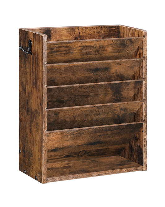CHOEZON Wall File Organizer, 6-Tier Vertical Mount Hanging Holder with 2 Side Hooks, Vintage Wooden Magazine Storage Crate with Bottom Flat Tray, Desk Organizer, for Office, Home, Rustic Brown MWJ01FG