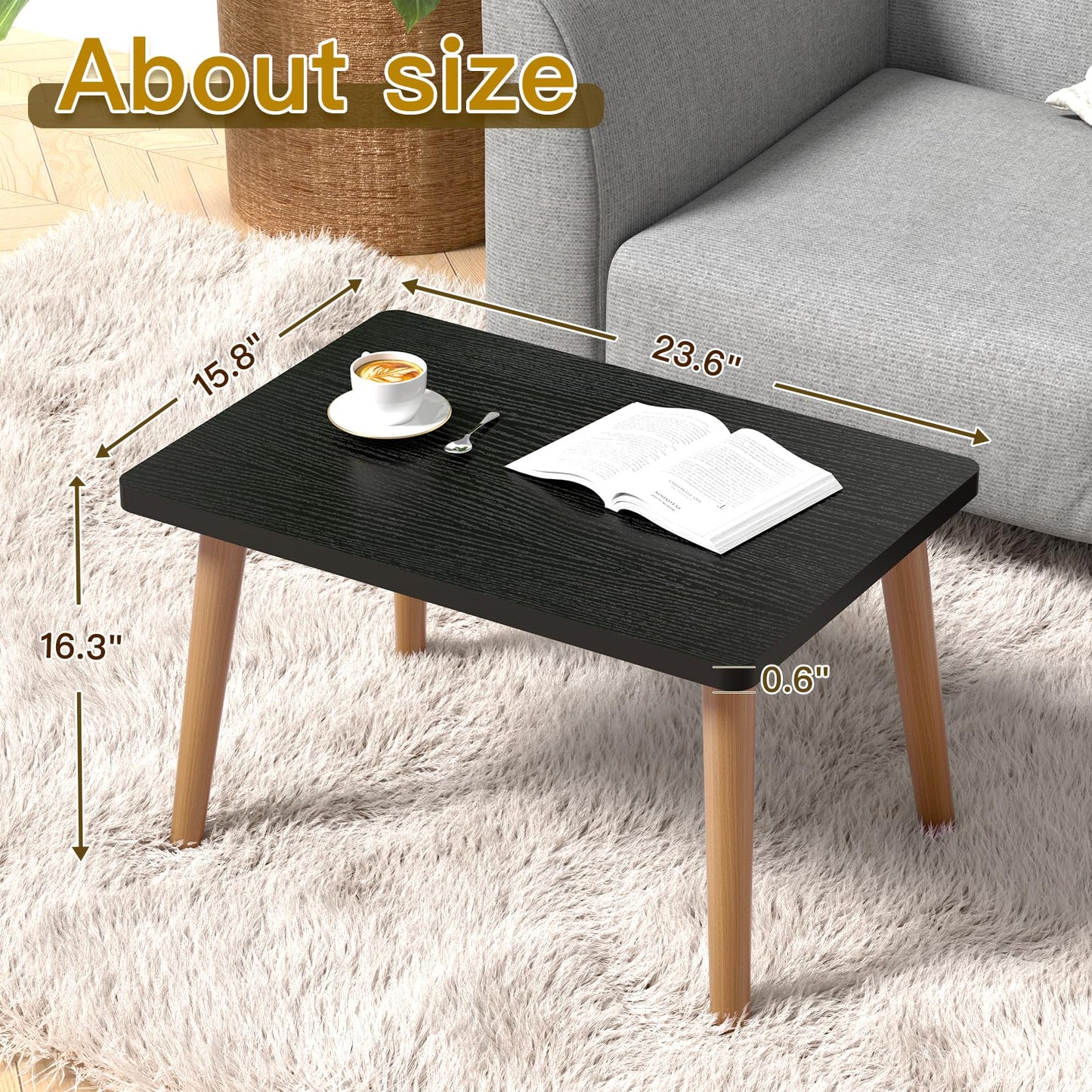 Coffee Table, 23.6" Small Oval Coffee Tables for Small Space with 4 Solid Wood Leg, Floor Table Desk for Sitting on The Floor, Side Table Japanese Low Table for Living Room Apartment, Rectangle Black