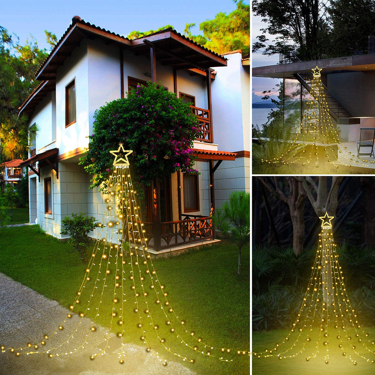 PUHONG Christmas Decoration, Outdoor Star String Lights, Christmas Tree Toppers Lights 320 LED 8 Modes with 12" Lighted Star for Halloween Christmas New Year Holiday Birthday Decor (Warm White)