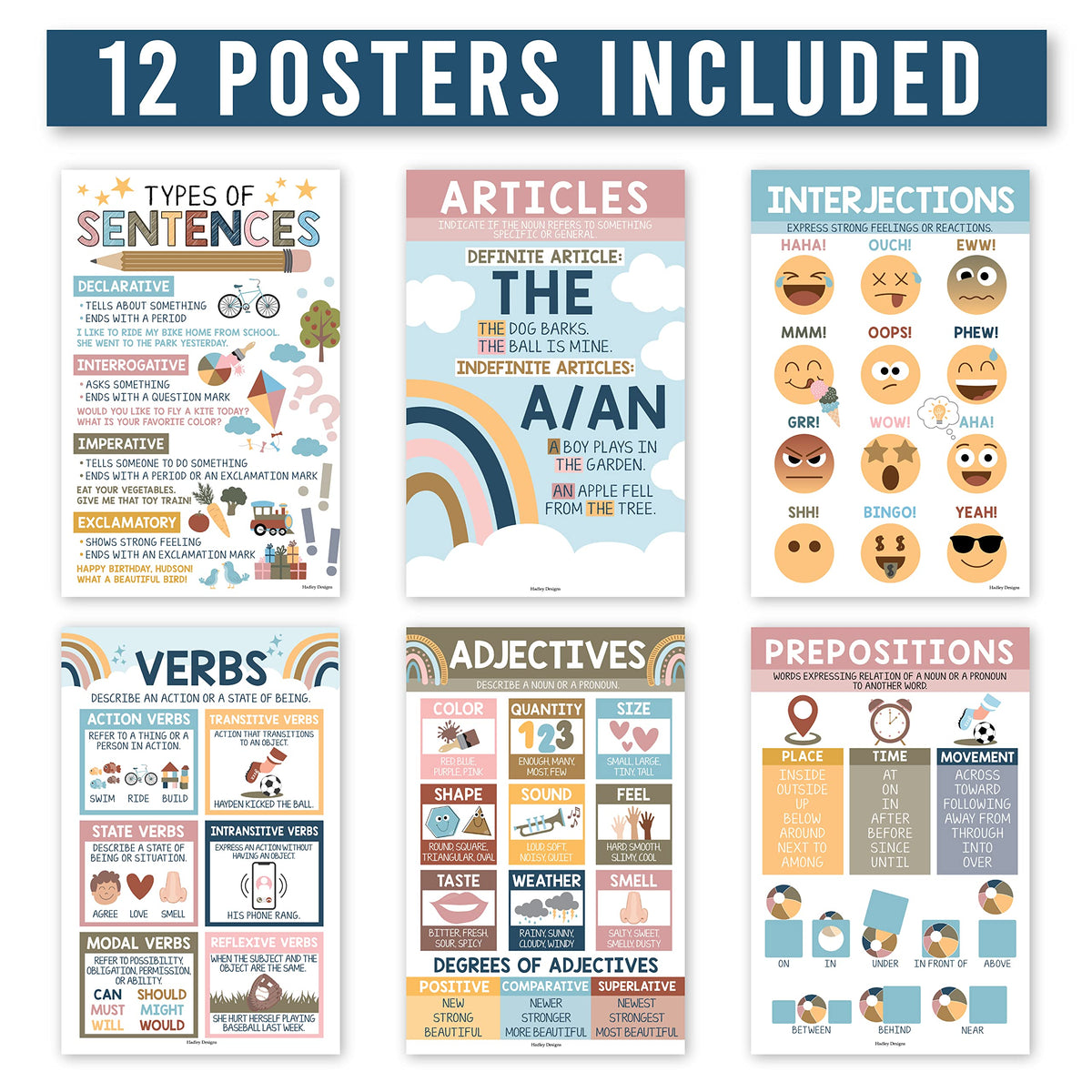 Parts of Speech Posters for Classroom Must Haves - 12 Grammar Posters, Writing Process for Homeschool, Elementary & Middle School, ELA 3rd 4th & 5th Grade Teacher Must Haves, Boho Classroom Decor