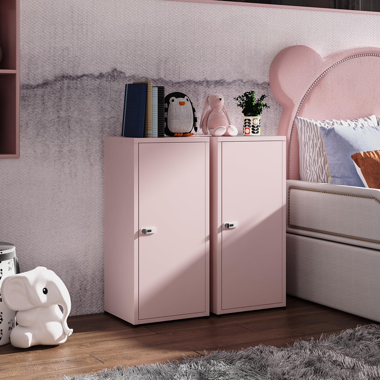 MIOCASA Metal Storage Cabinet with Lock, 3 Adjustable Shelves Single Door Steel Locker for Home, Office & Garage (Pink)