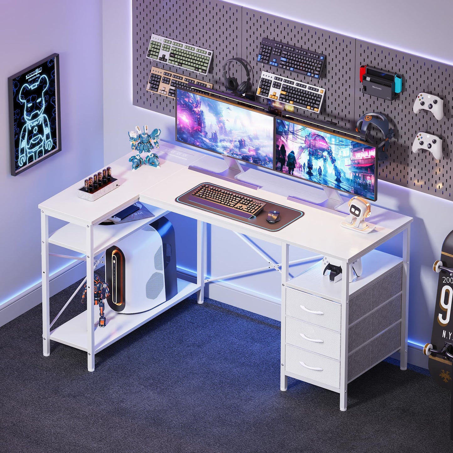Huuger L Shaped Office Desk with Power Outlets, 47 Inch Computer Desk with 3 Drawers, Shelves, for Gaming, Corner Work, Home Office, Study, White